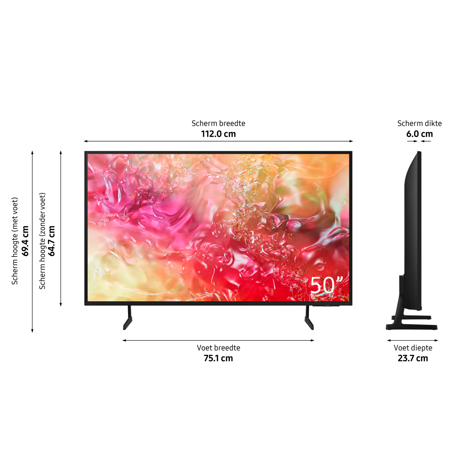 Een 50-inch tv met een kleurrijk scherm, met een zwarte standaard. Een zijaanzicht van de tv wordt ook getoond.