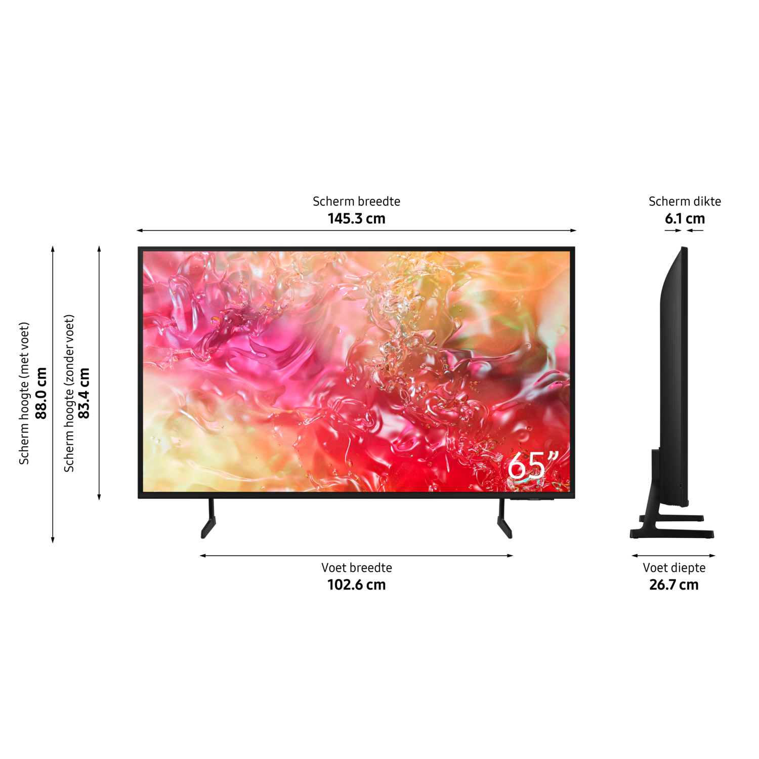 65-inch tv met een kleurrijk scherm, twee standaards en een zijaanzicht.