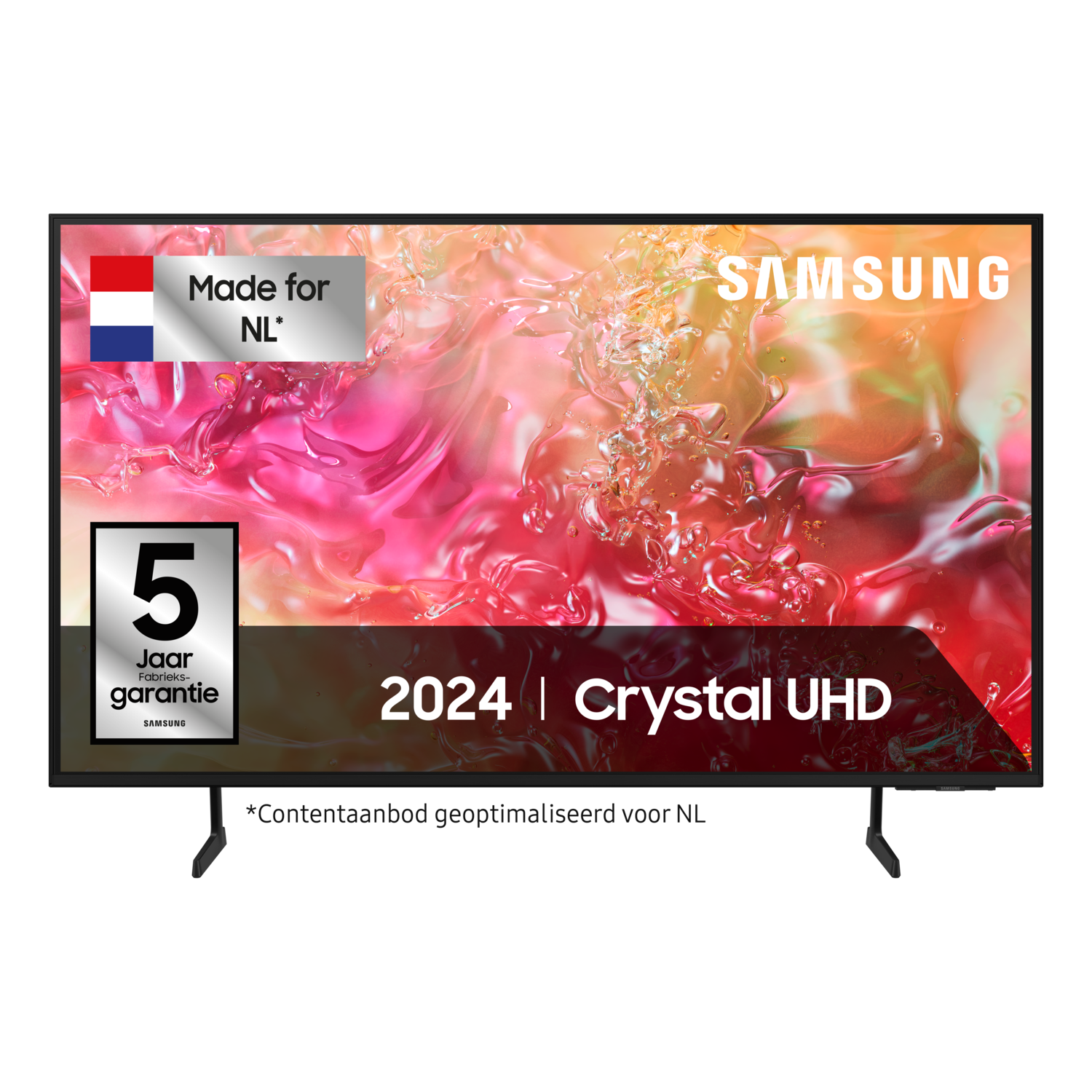 Een Samsung Crystal UHD 2024 tv, met 5 jaar garantie en een vlag van Nederland.