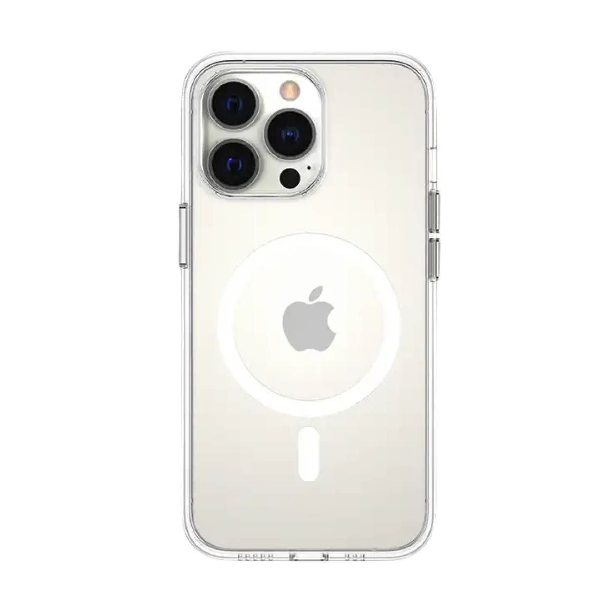 Beyaz Apple logolu şeffaf telefon kılıfı.