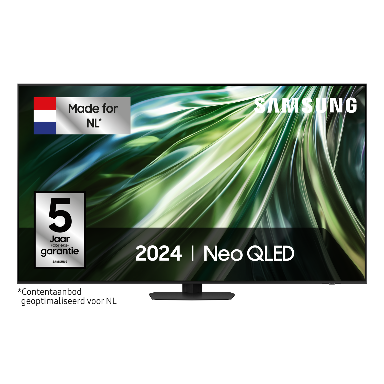 Samsung tv met logo en tekst 2024 | Neo QLED, met een Nederlandse vlag en de tekst 'Made for NL'.