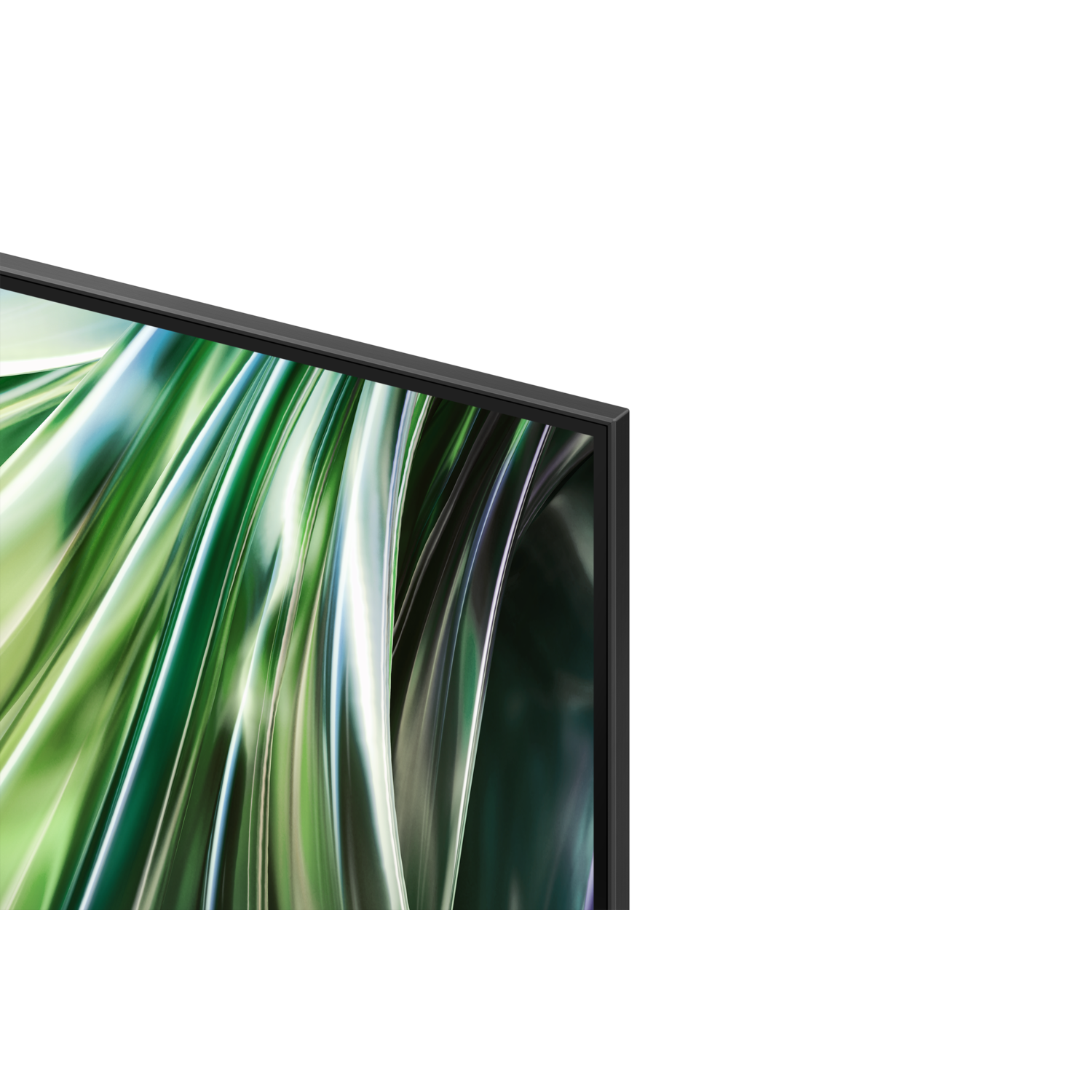 Close up of a TV screen. Green and white abstract pattern with a black border.