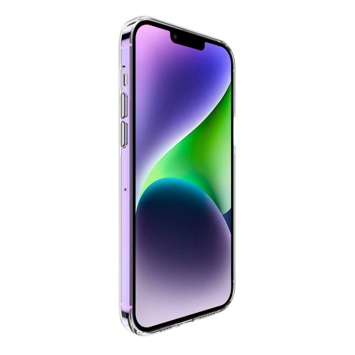 İçinde mor bir telefon bulunan şeffaf bir iPhone kılıfı.