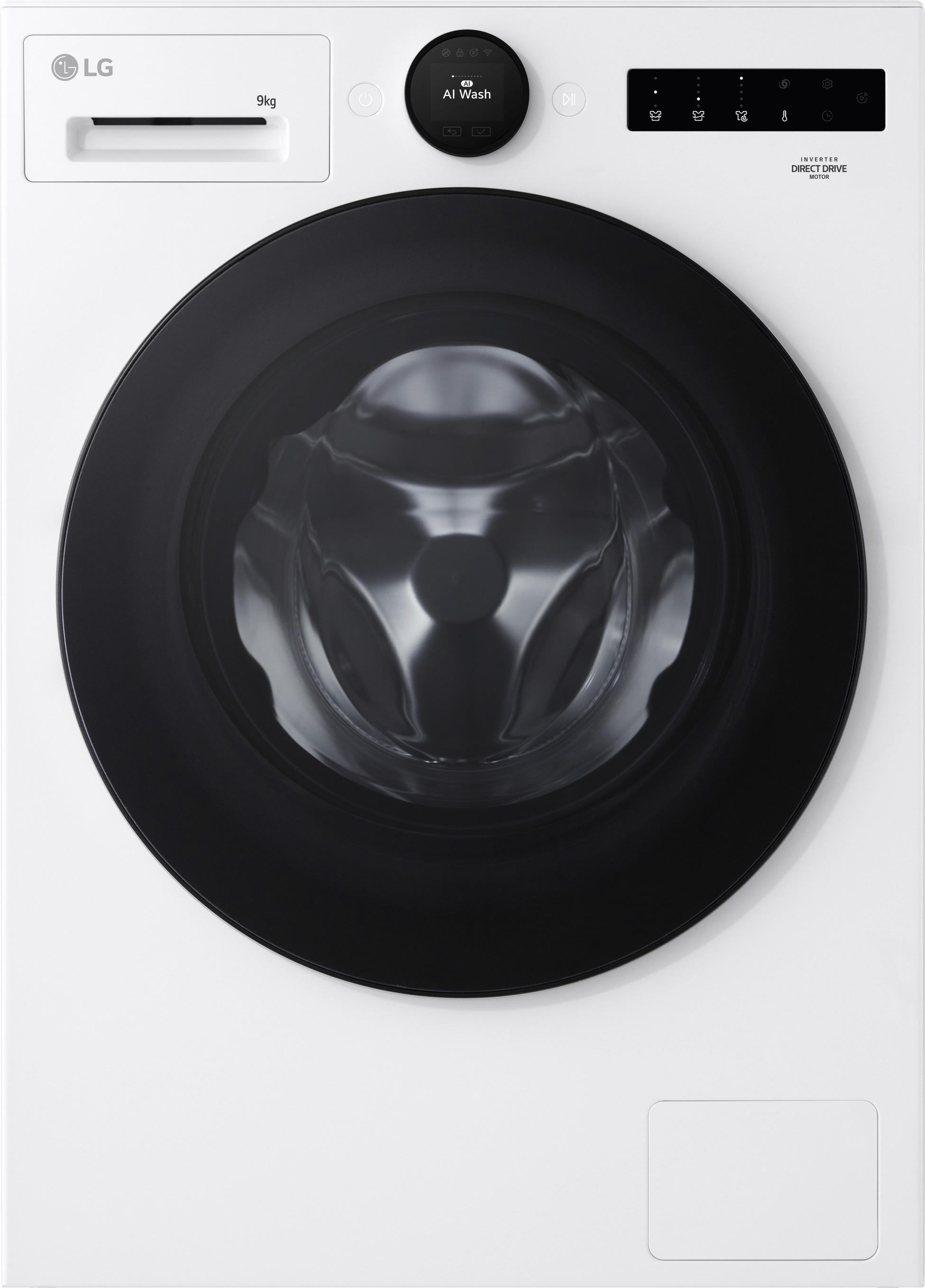 Weiße LG Waschmaschine mit schwarzer Tür und Bedienfeld. Die Waschmaschine ist sauber.