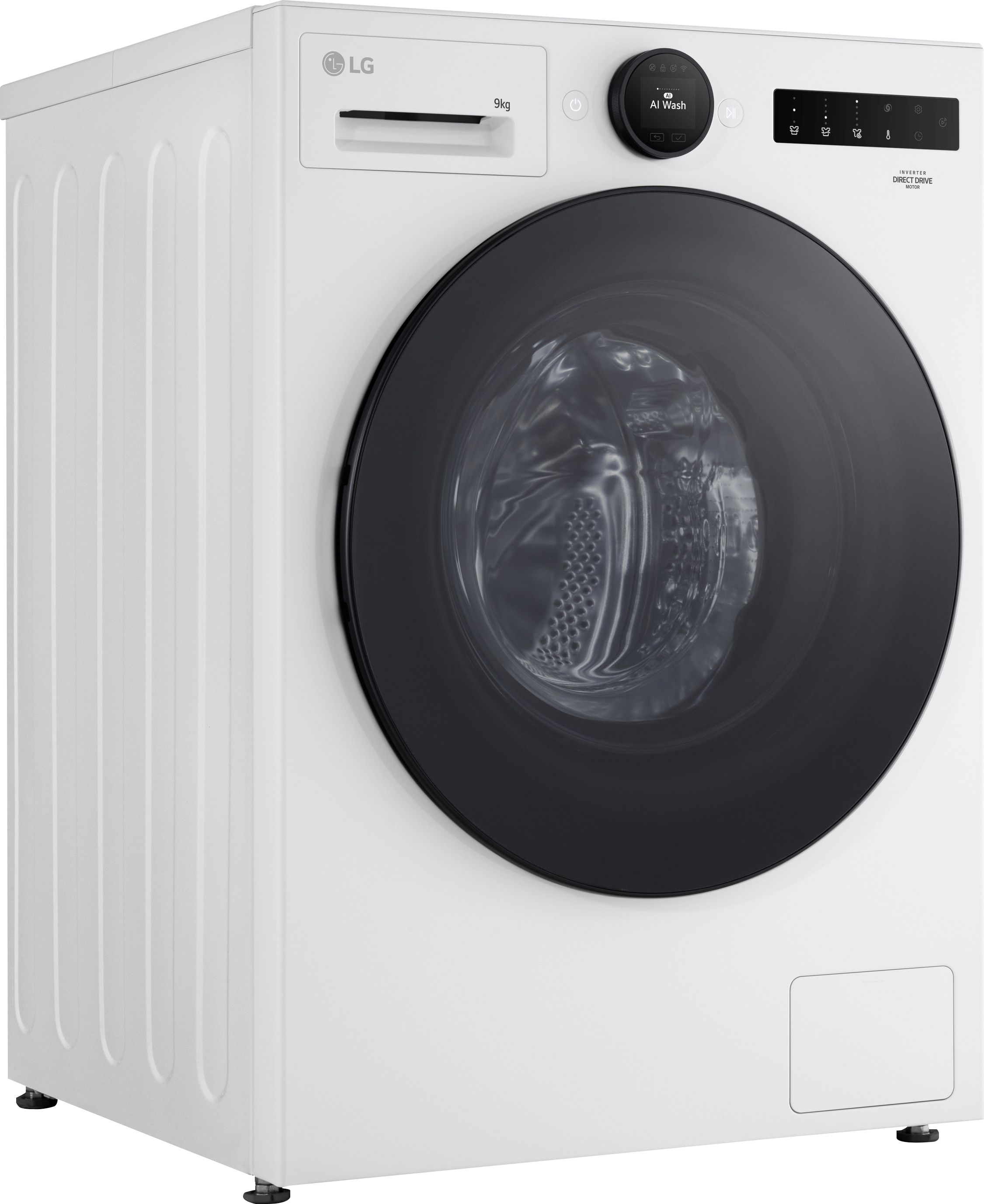 Weiße Waschmaschine auf weißem Hintergrund. Schwarze Tür, Bedienfeld und LG-Logo sichtbar.