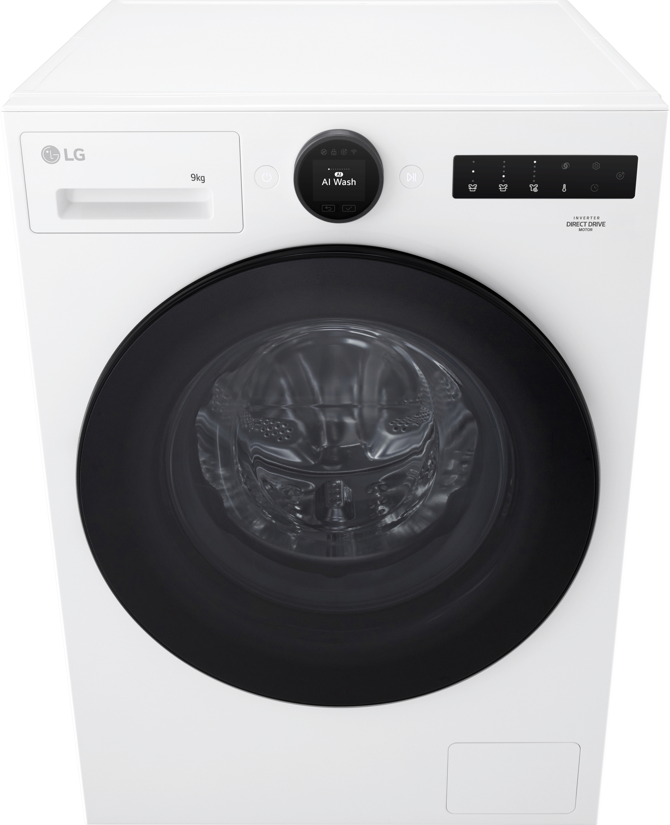 Weiße LG Waschmaschine mit schwarzer Tür und Digitalanzeige. Das Wort LG ist sichtbar.