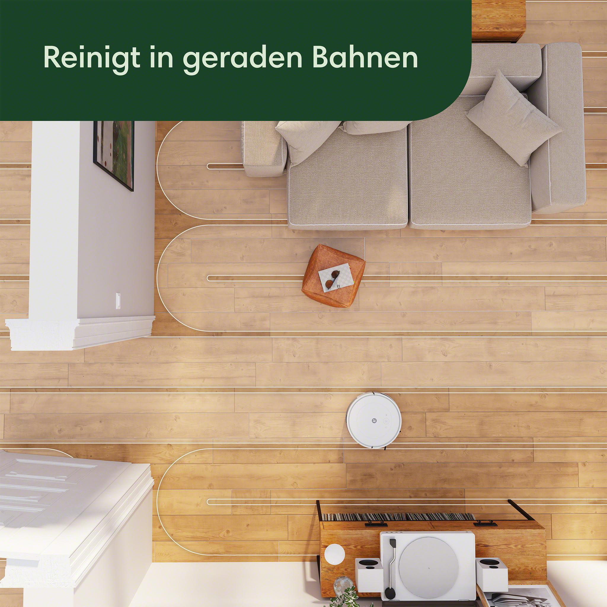Ein Roboter-Staubsauger reinigt einen Holzboden, Draufsicht. Zeigt seinen Reinigungspfad.