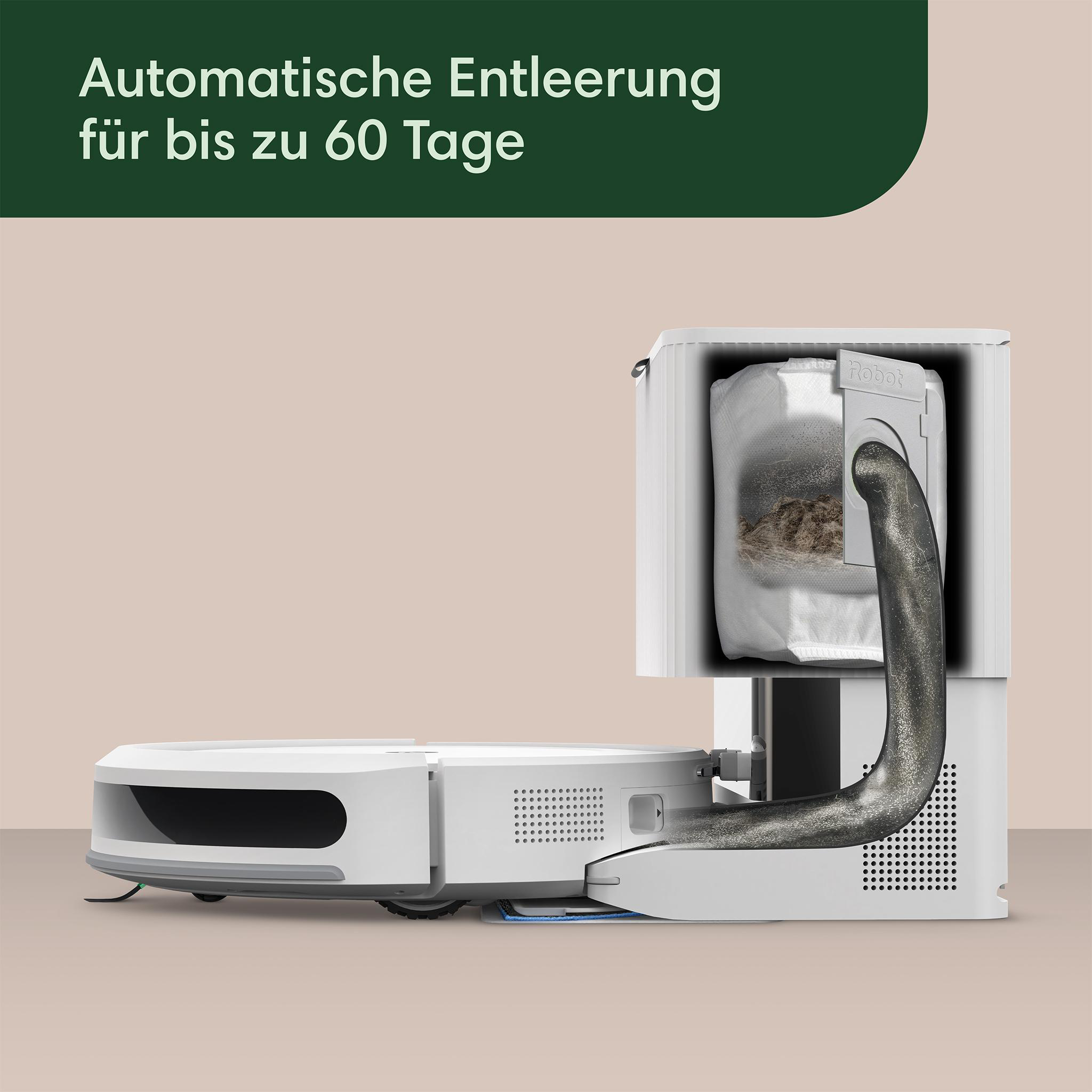 Weißer Roboterstaubsauger mit geöffnetem Seitenfach, das den Staubbeutel zeigt, auf rosa Hintergrund.