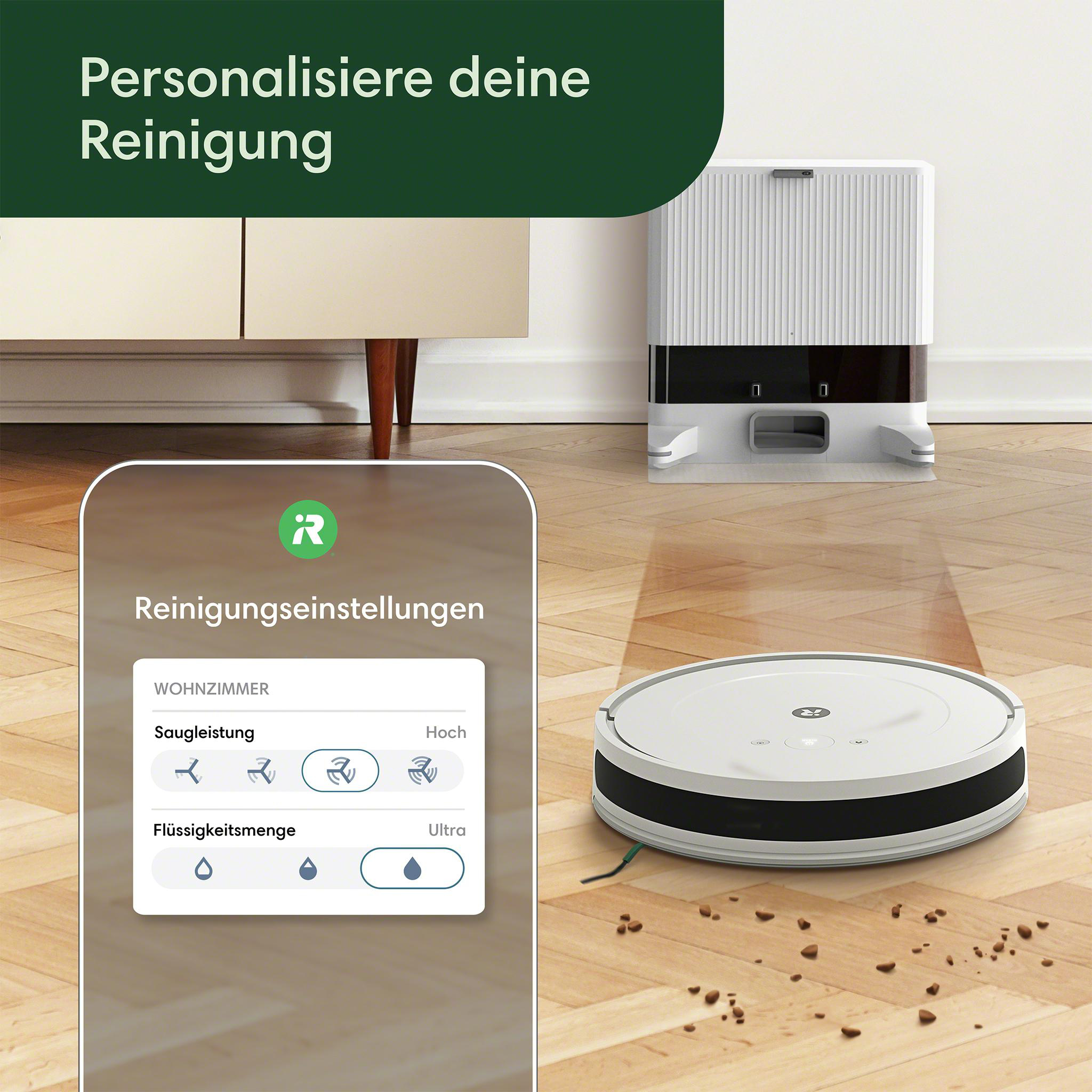 Roboter-Staubsauger reinigt einen Holzboden. App-Oberfläche zeigt Reinigungseinstellungen.