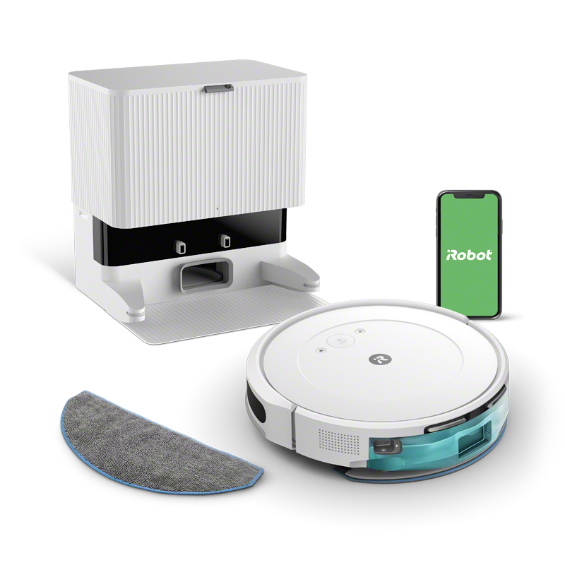 Roboter-Staubsauger und Ladestation, mit separatem Reinigungspad und Telefonbildschirm.
