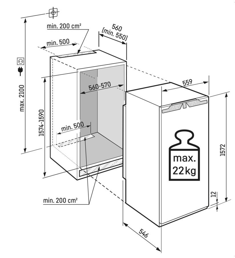 Schematische Darstellung eines Kühlschranks mit Abmessungen und elektrischen Anforderungen.