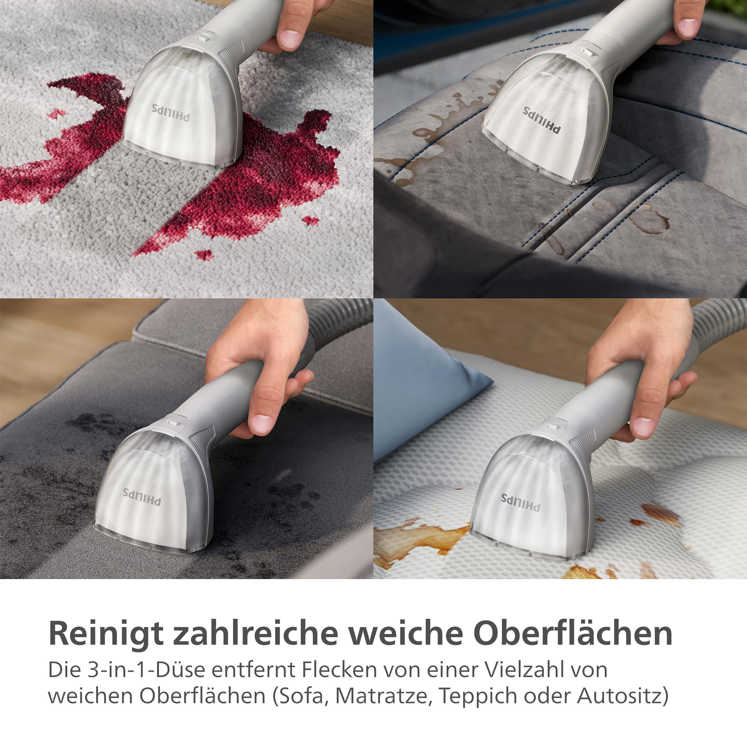 Staubsauger reinigt Flecken auf verschiedenen Oberflächen: Teppich, Leder und Stoff.