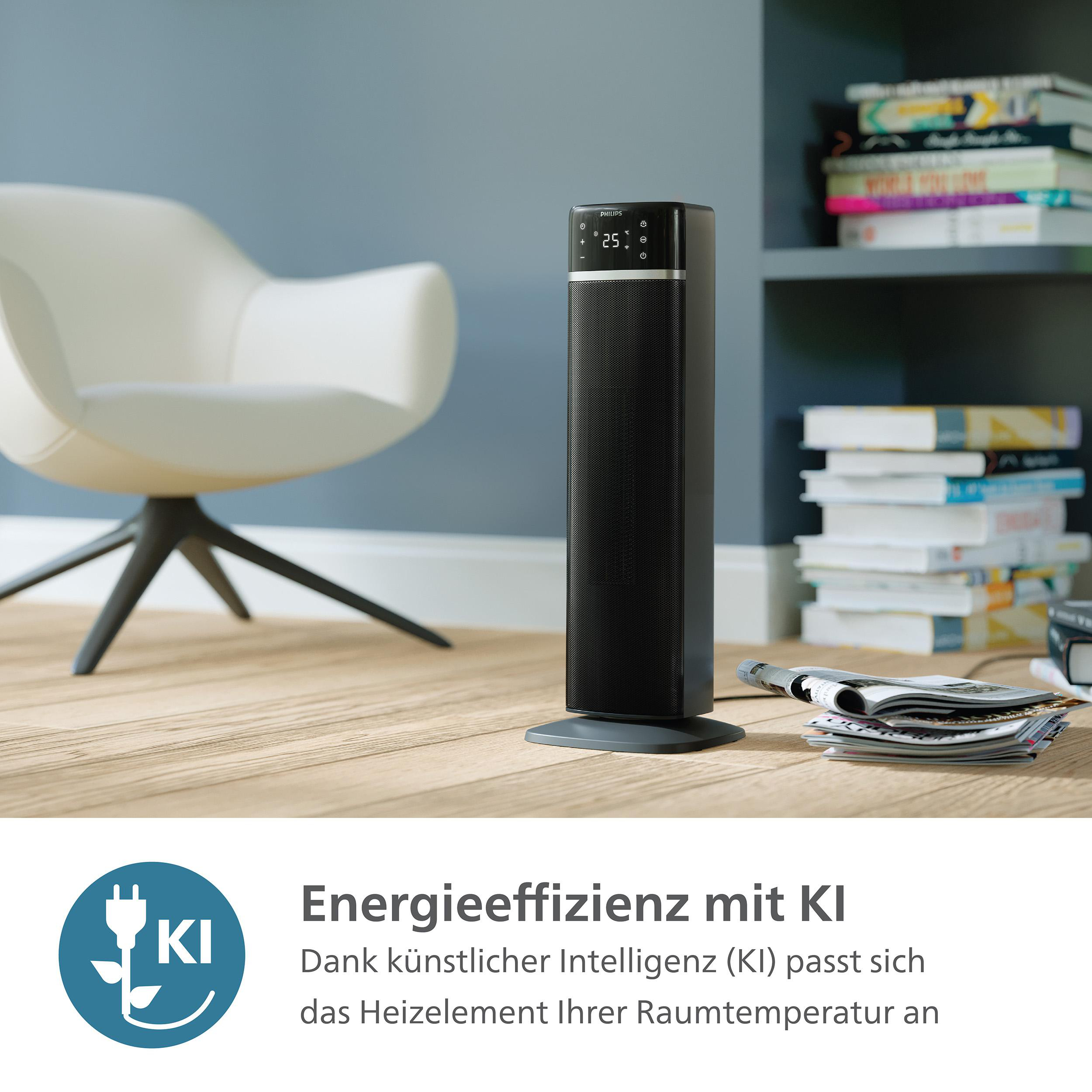 Schwarzer Turmheizkörper mit Digitalanzeige. Er steht auf einem Holzboden. Der Text lautet 'Energieeffizienz mit KI'.