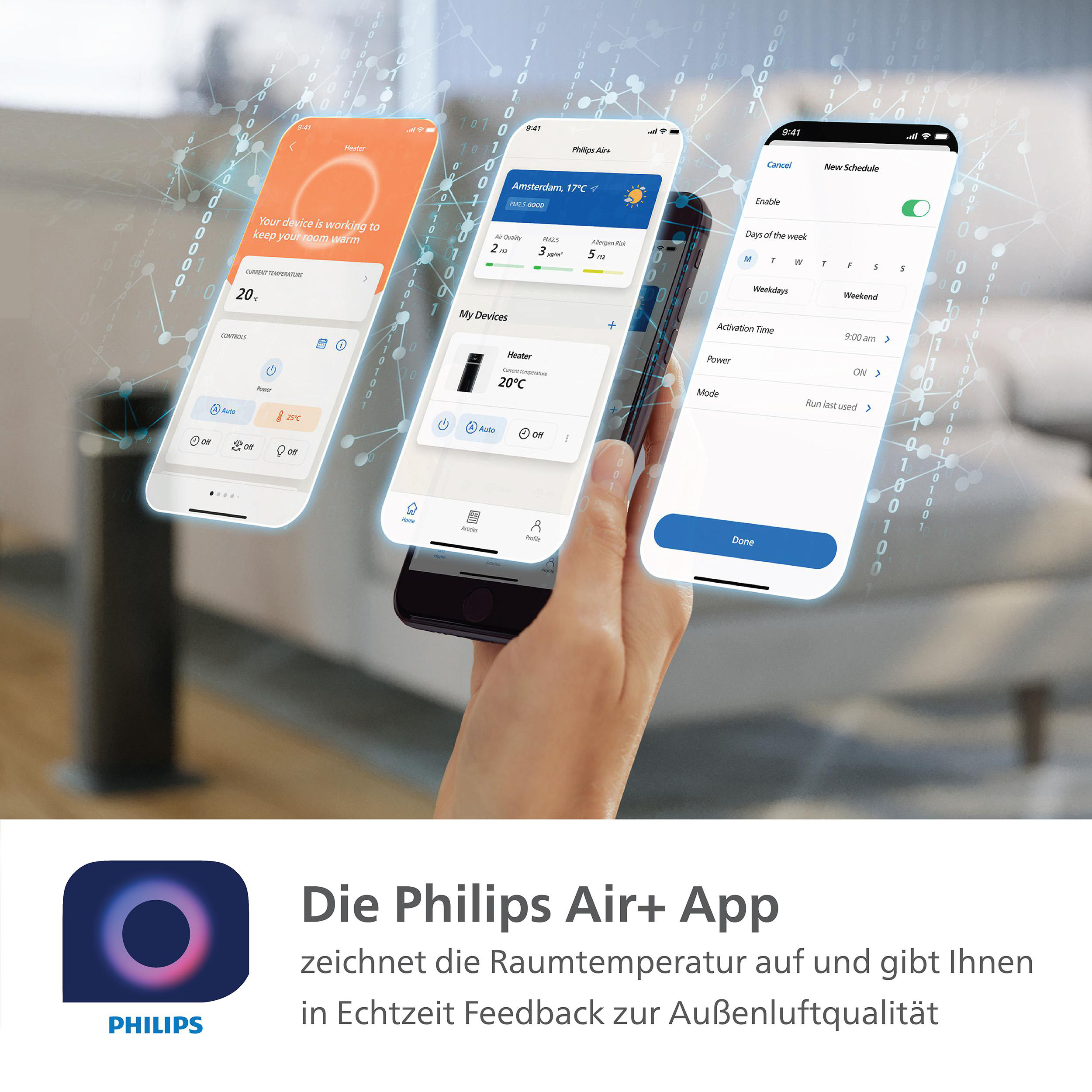 Drei Smartphones, die Smart-Home-App-Oberflächen anzeigen, Temperatur und Einstellungen.