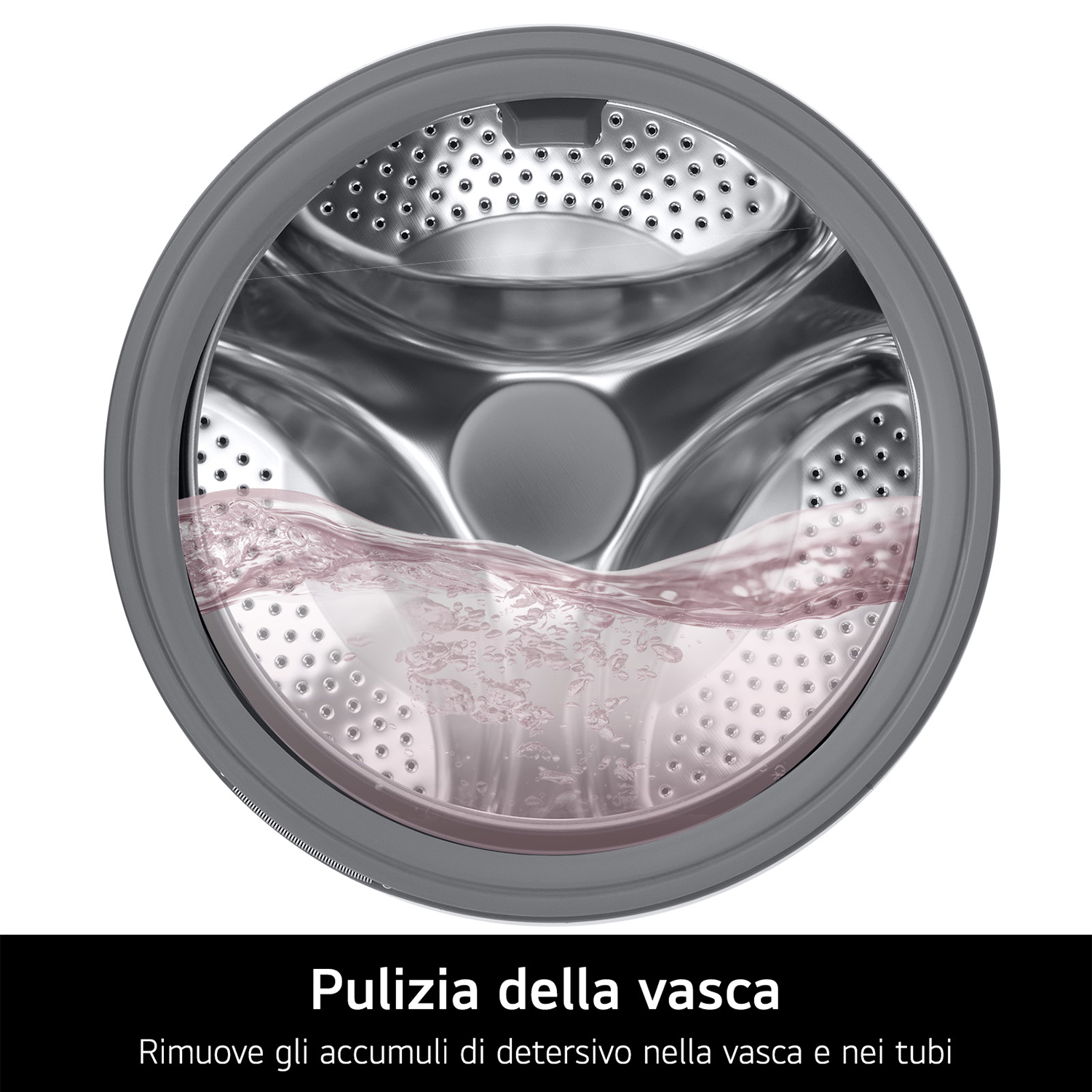 Cesto della lavatrice pieno d'acqua. Vista interna, con cornice grigia circolare.