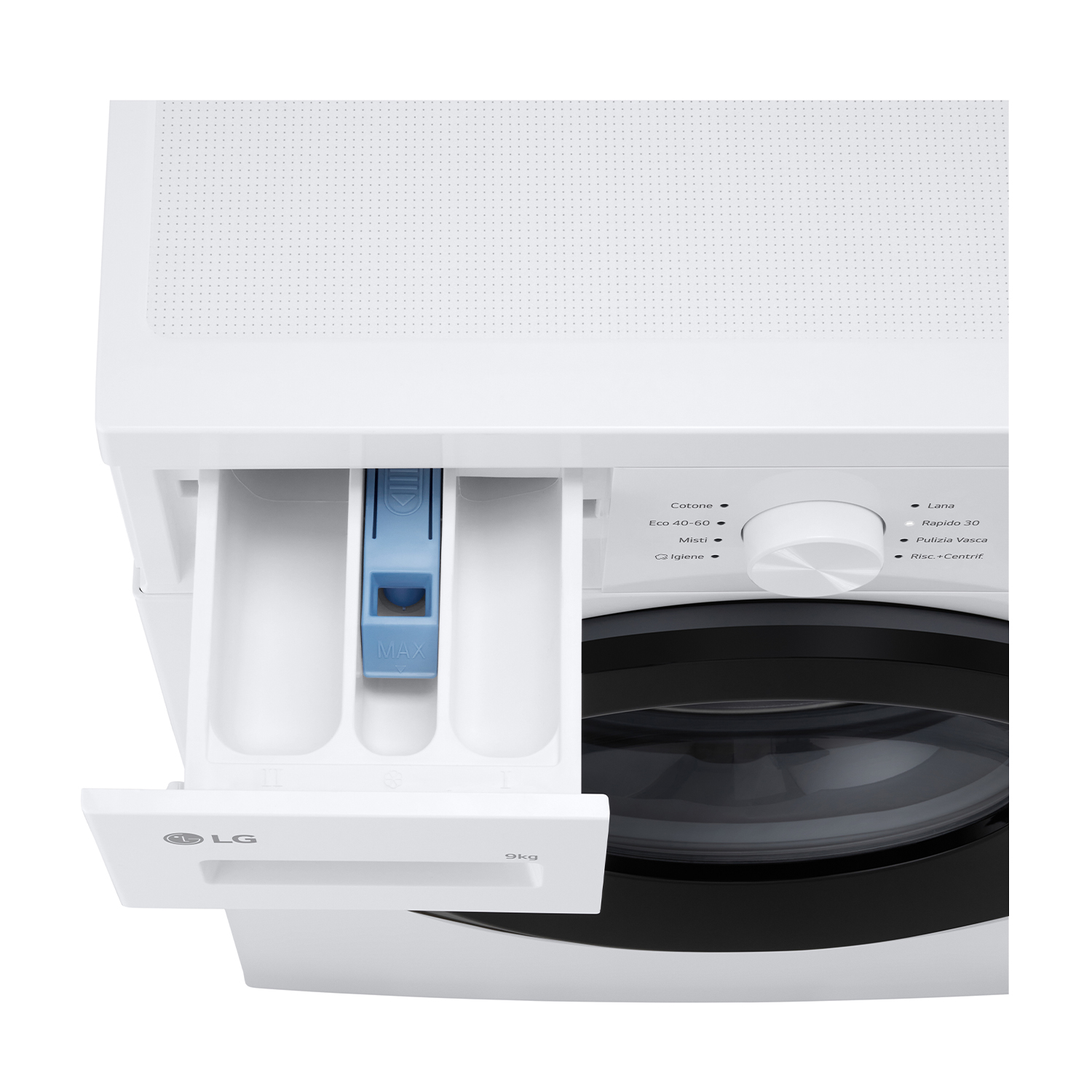 Cassetto lavatrice bianco aperto. Contiene scomparti per detersivo con un pezzo di plastica blu.