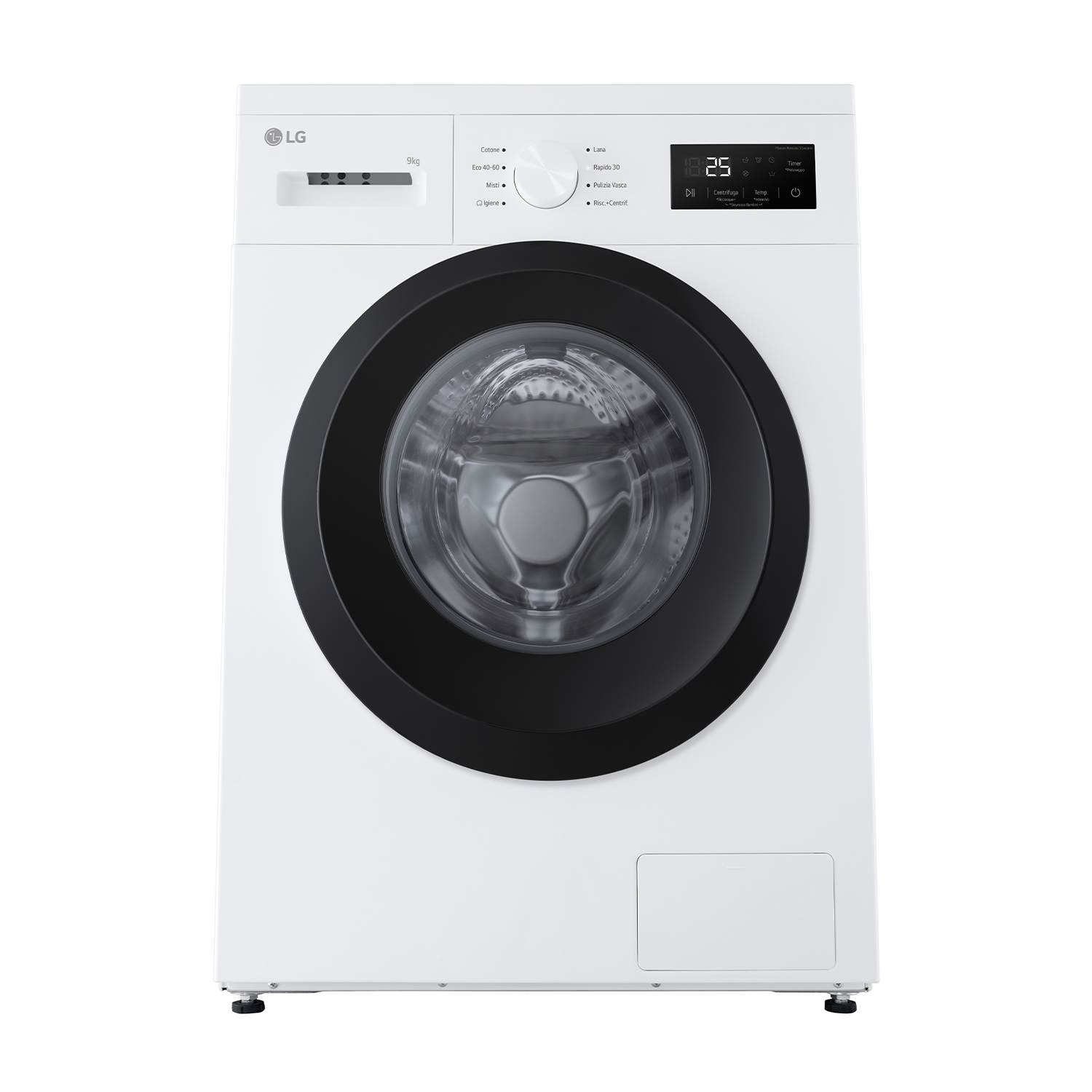 Lavatrice LG bianca con porta circolare nera e display digitale nella parte superiore.