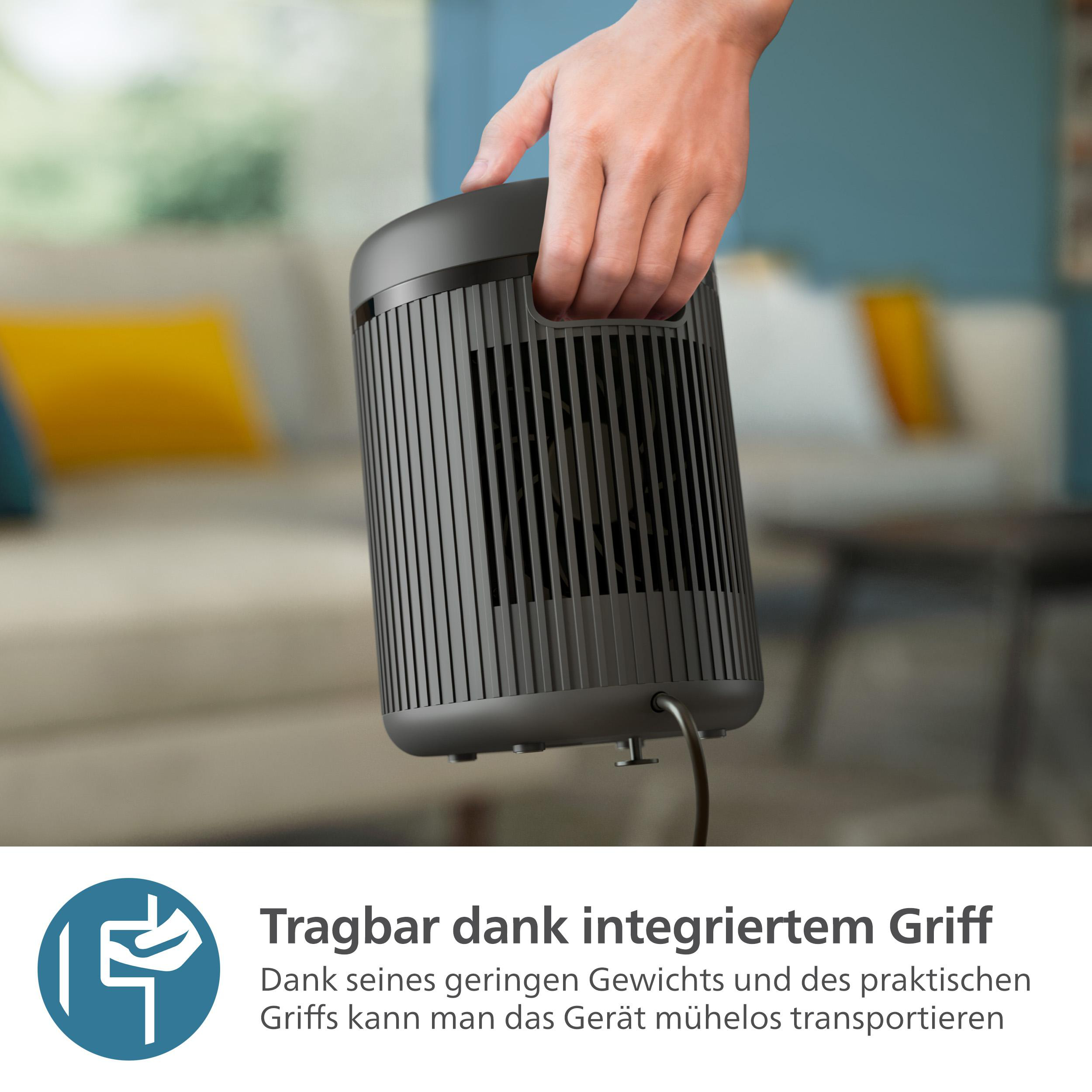 Eine Person hält einen schwarzen Heizlüfter. Es ist schwarz mit einem Griff.