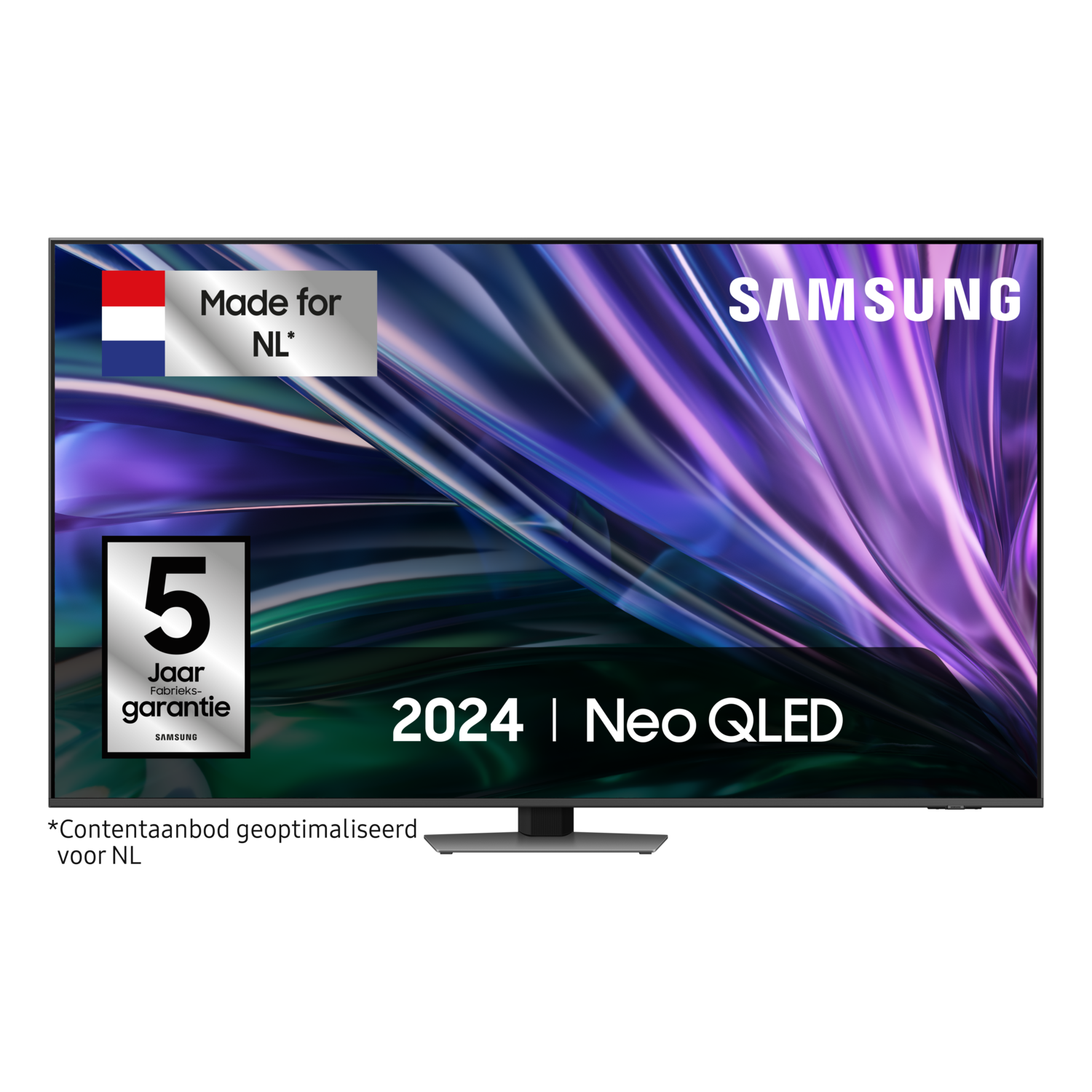 Een Samsung Neo QLED 2024 tv met een moderne standaard, zwarte rand.