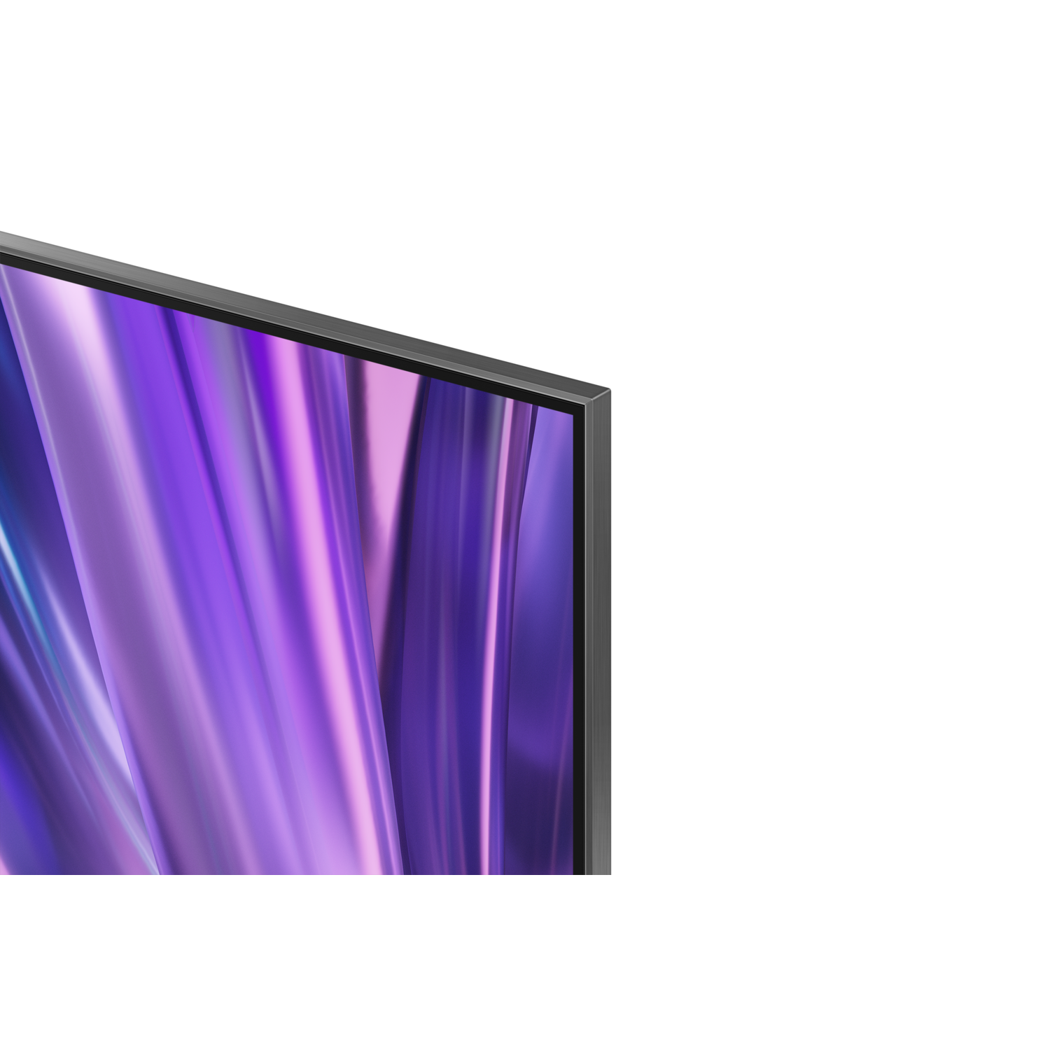 TV-hoek met paars abstract display, zilver omlijst.
