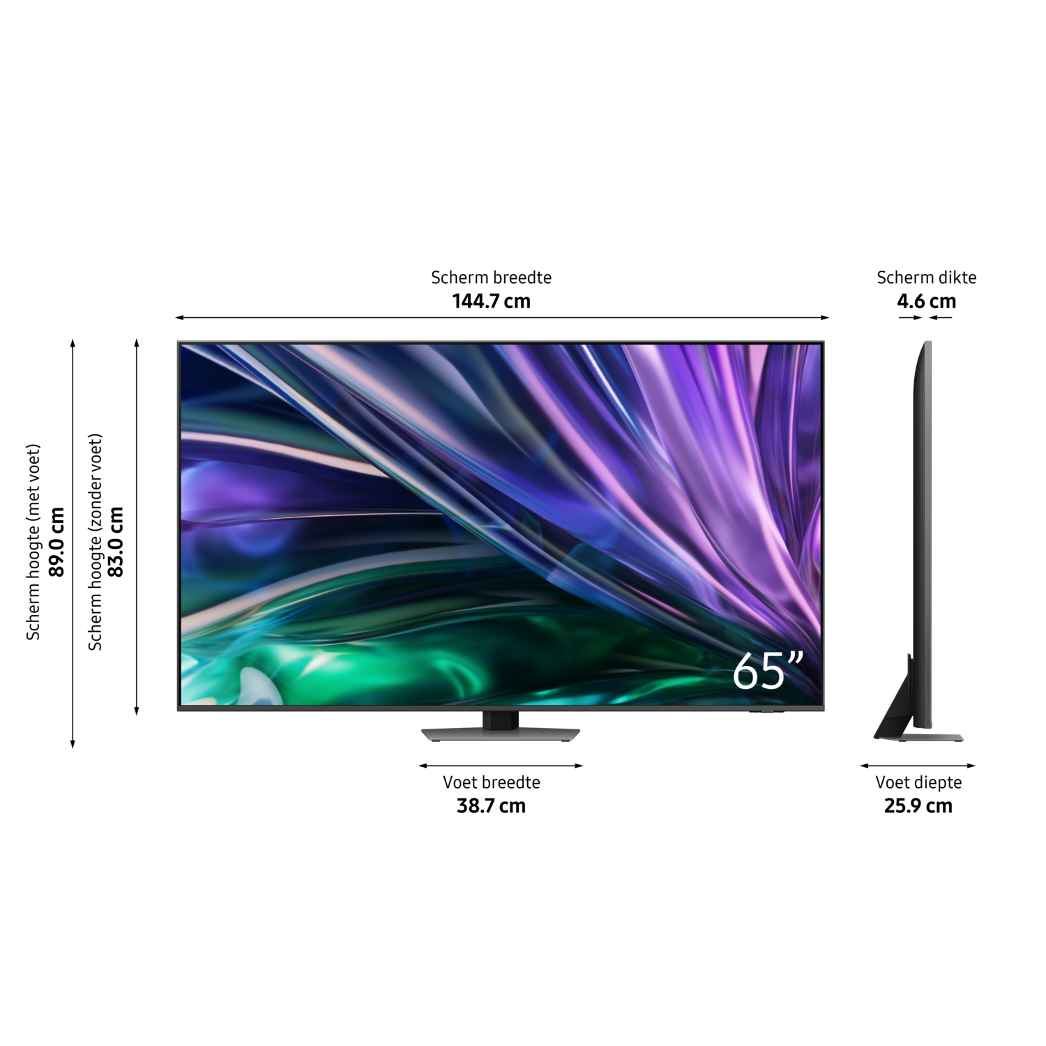 65-inch tv-scherm met een levendig, paars en groen abstract ontwerp op zwarte achtergrond.