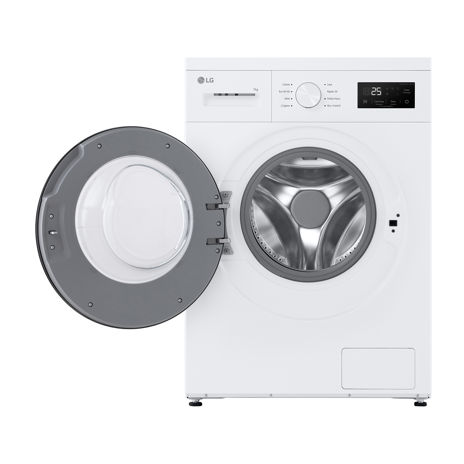 Lavatrice LG bianca, porta aperta, vista frontale, sfondo bianco.