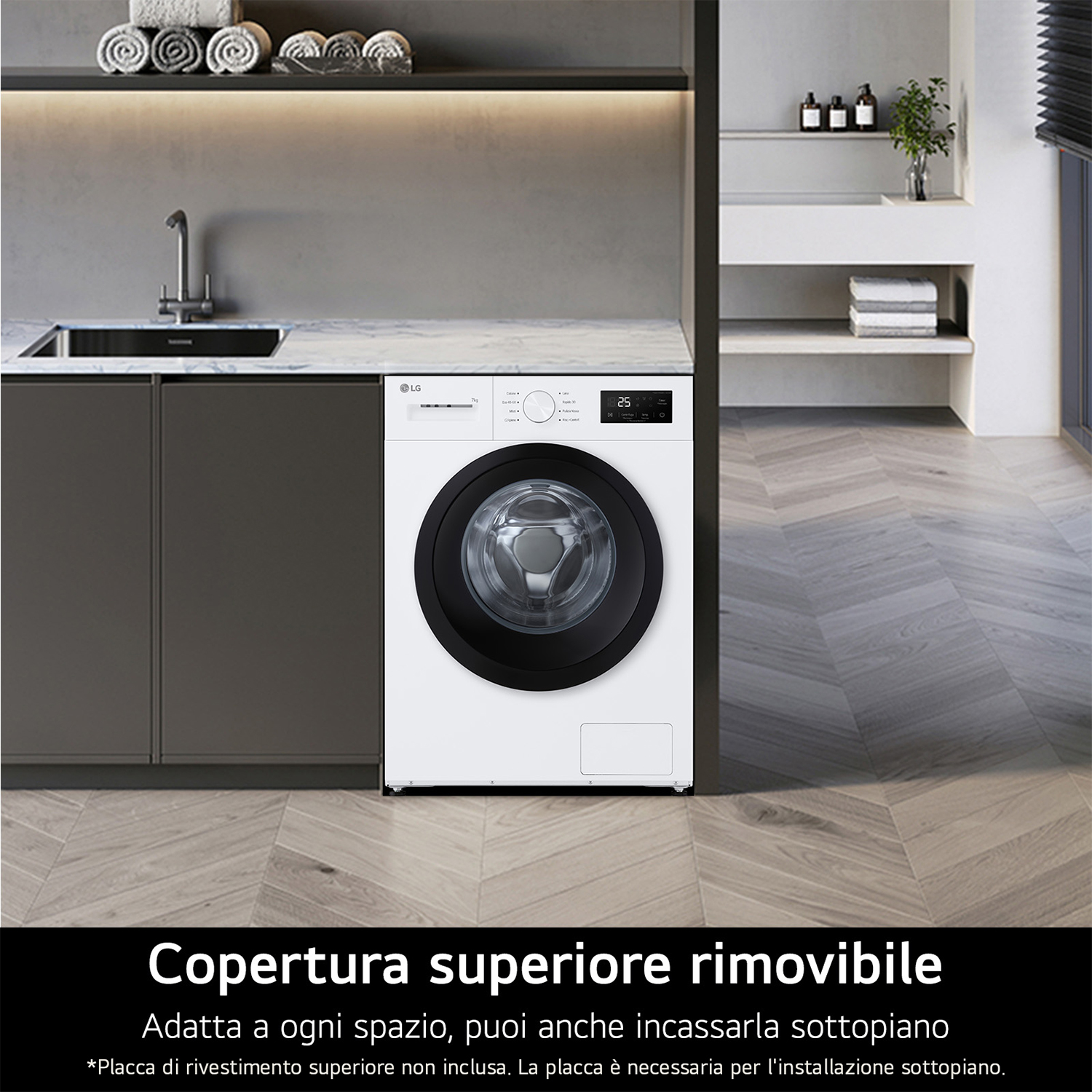 Una lavatrice bianca in una lavanderia. La macchina ha una porta e un pannello di controllo neri.