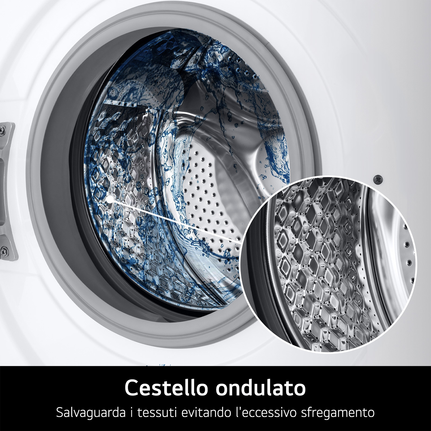 Primo piano del cestello di una lavatrice con acqua e una vista dettagliata dei fori del cestello.