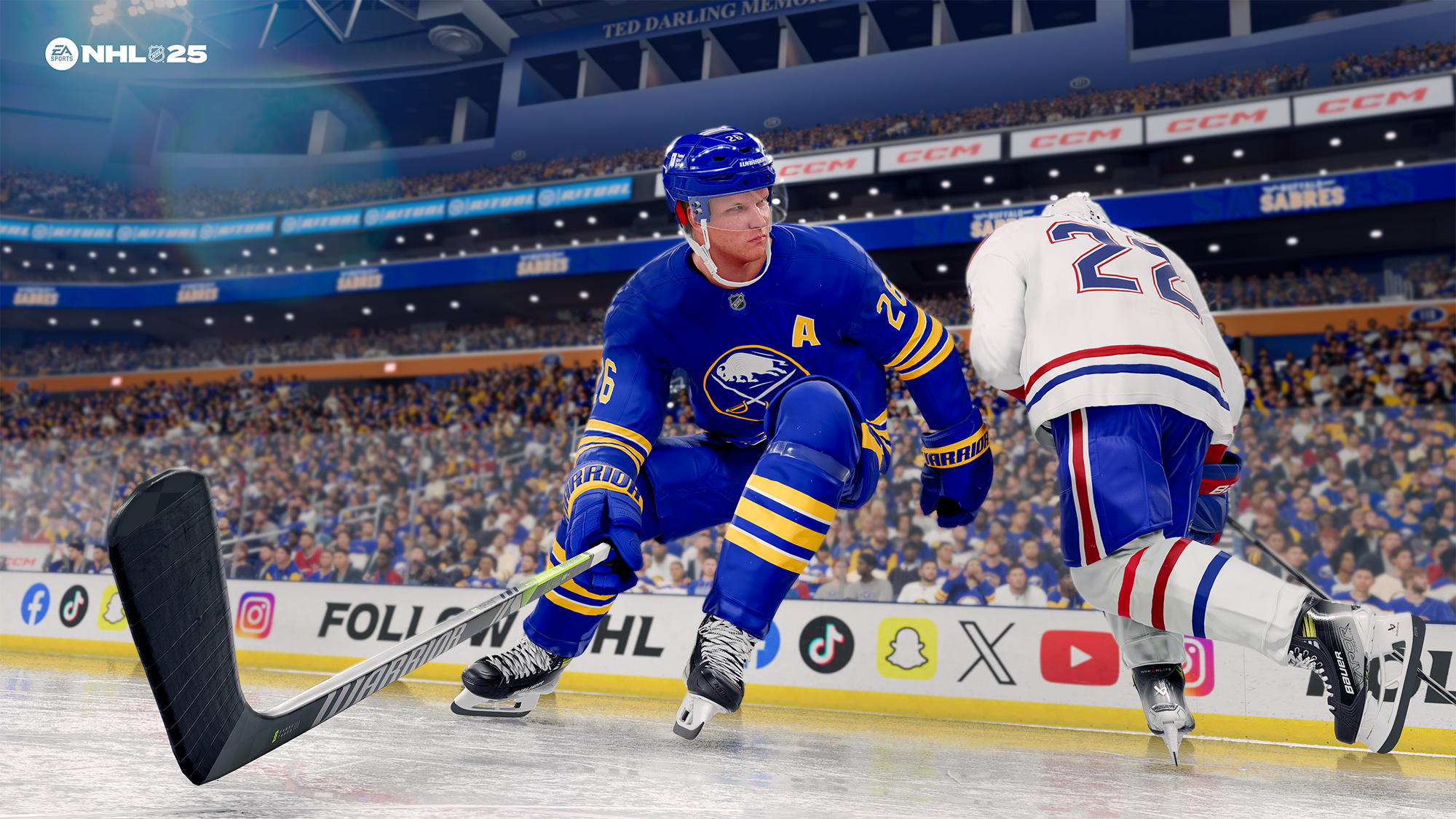 Joueurs de hockey sur glace. L'un est en bleu, l'autre en blanc. Un bâton de hockey est au sol.