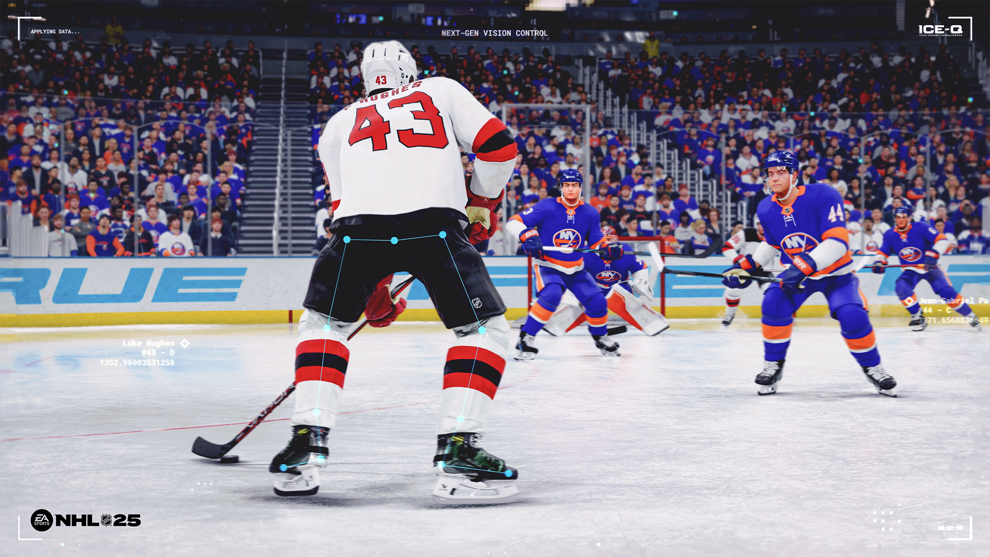 Jeu de hockey avec des joueurs sur la glace, publicité pour EA NHL 25.