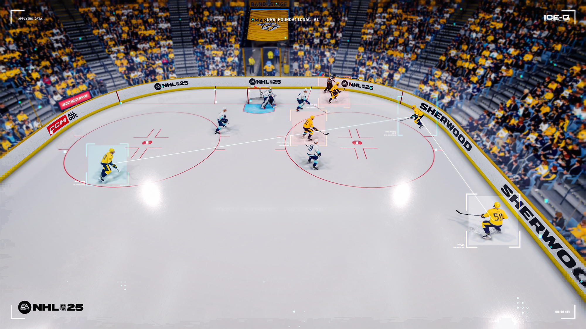 Match de hockey vu d'en haut. Les joueurs sont sur la glace, certains mis en évidence par des boîtes. Le logo EA Sports est visible.