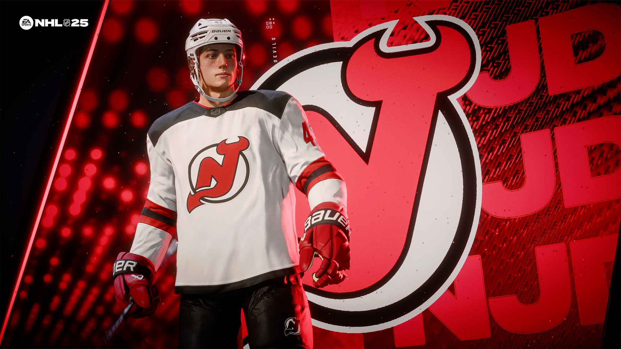 Un joueur de hockey en maillot des Devils dans une publicité de jeu. Thème rouge et noir avec logo NHL25.