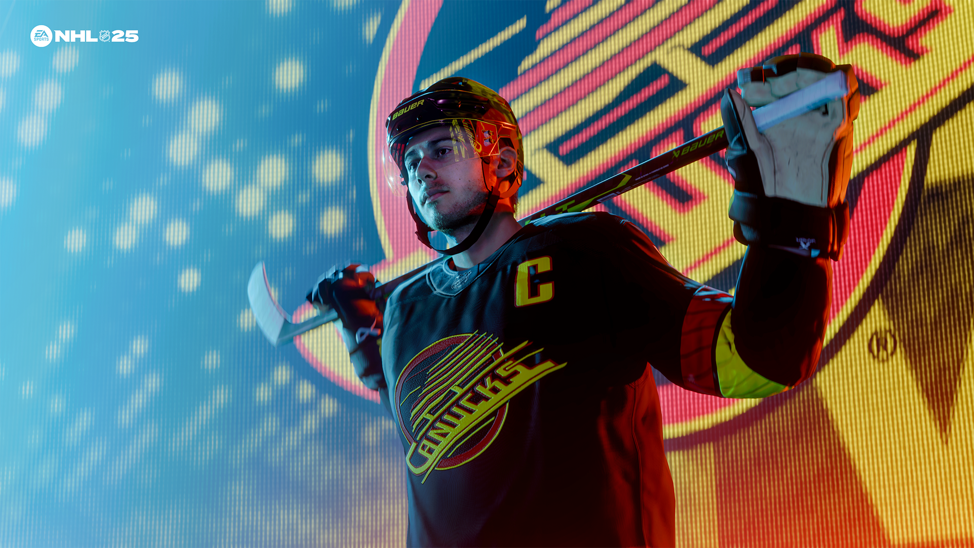 Un joueur de hockey avec un maillot noir et jaune avec le mot 'Canucks'. Le fond est jaune avec des lumières bleues.