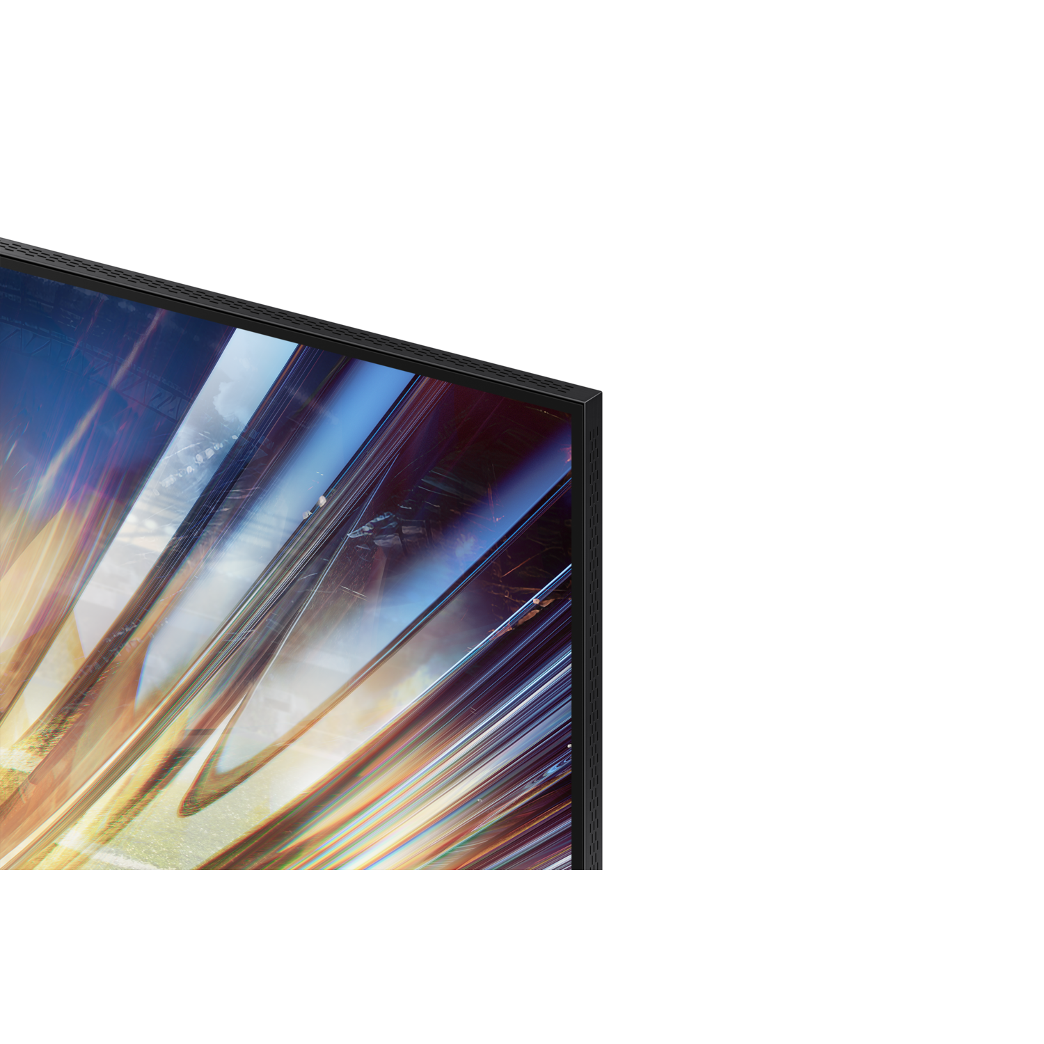 Close-up of a TV screen with an abstract, colorful design against a black background.