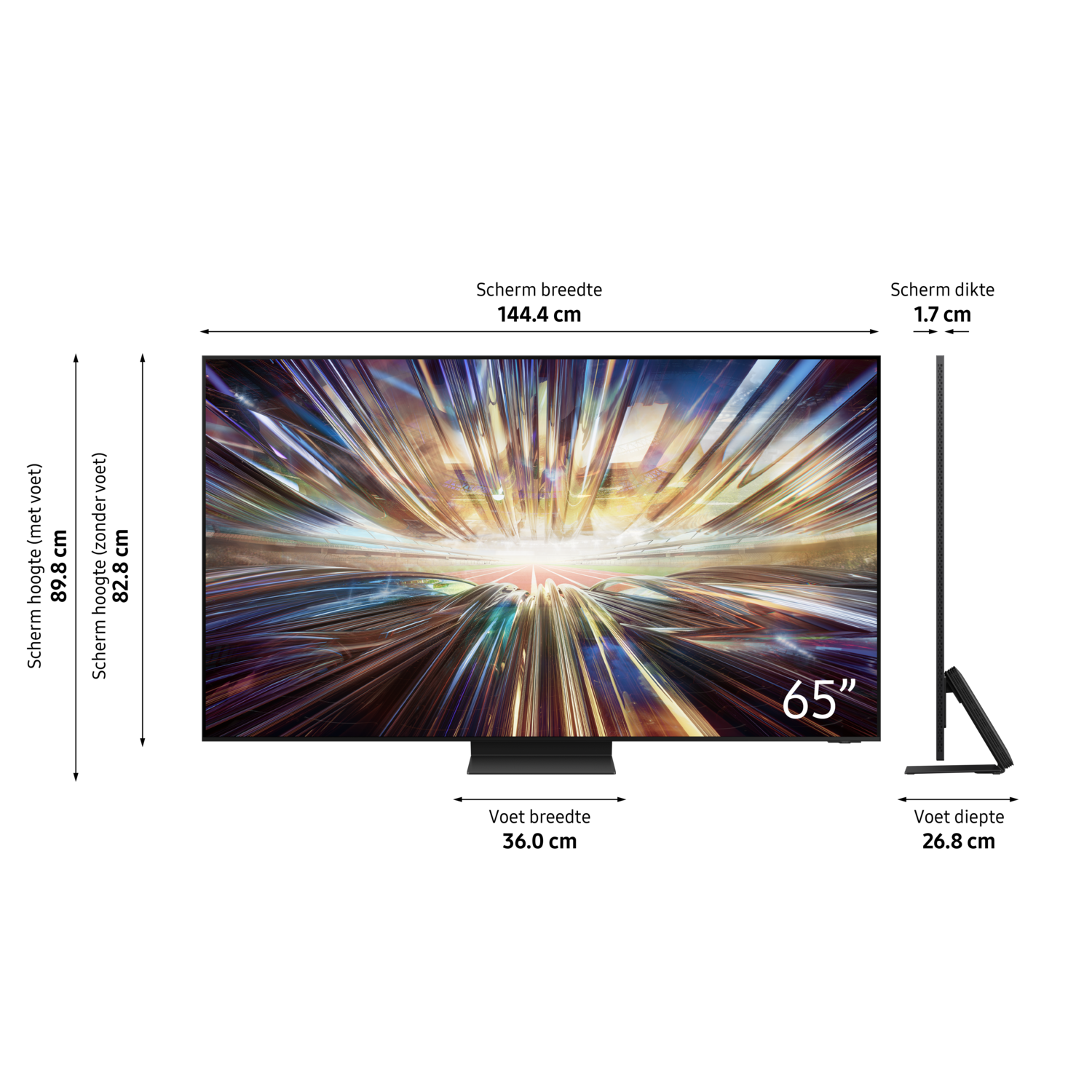 Large black TV screen on black stand. 65" text is visible. Black background.