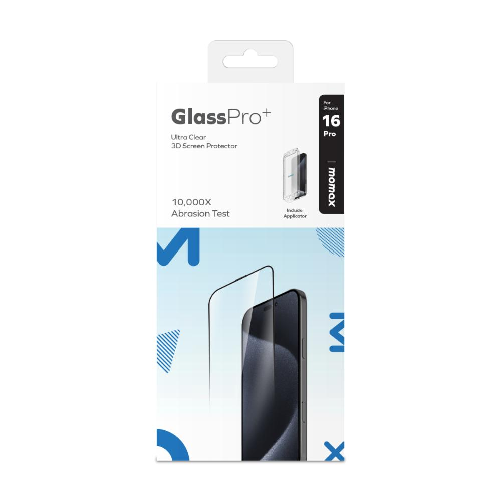 IPhone 16 Pro için kutulu ekran koruyucu. Kutuda telefon görüntüsü, dahil bir aplikatör ile.