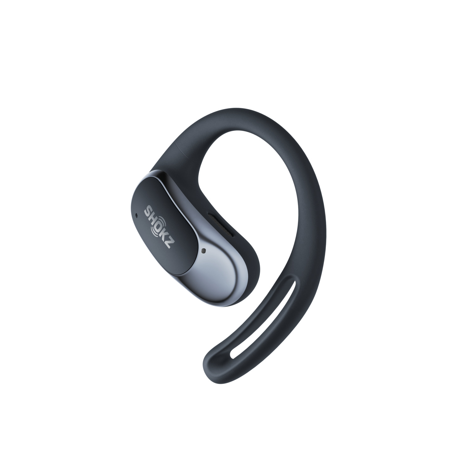 Un écouteur Shokz noir et argenté avec un design en crochet. Il est sur un fond blanc.