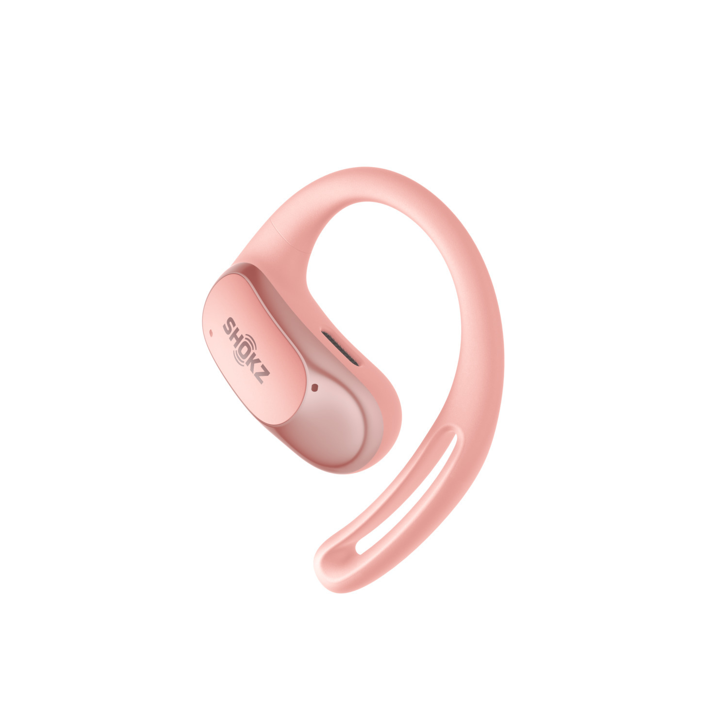 Écouteur sans fil Shokz rose, conçu pour s'adapter autour de l'oreille.