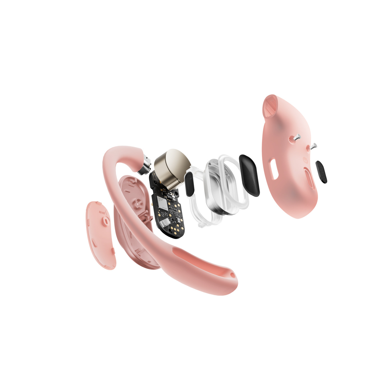 Vue éclatée d'un casque sans fil rose montrant les composants internes.