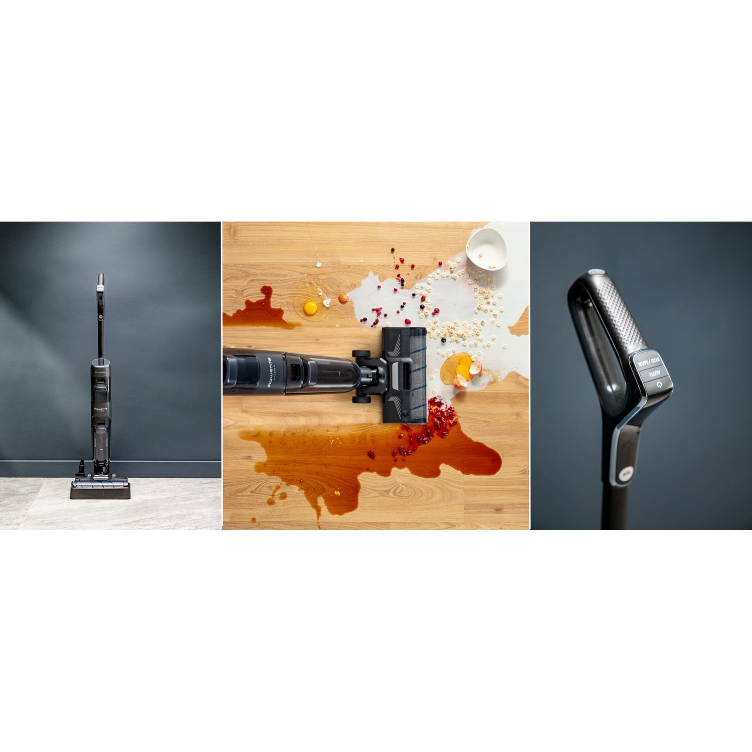 A vacuum cleaner with spilled food and liquids on a wooden floor.