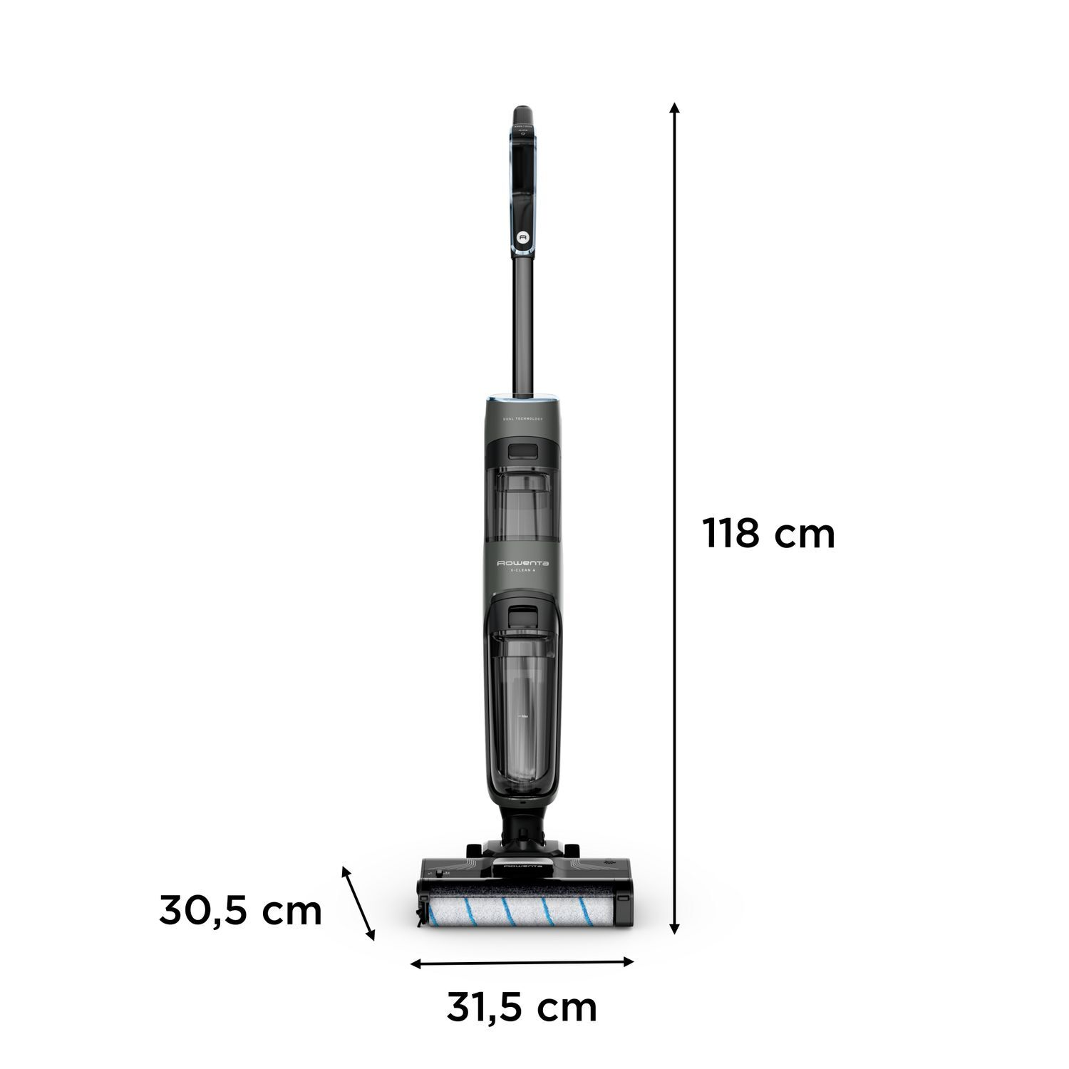 Black and grey vacuum cleaner with dimensions labeled in cm.