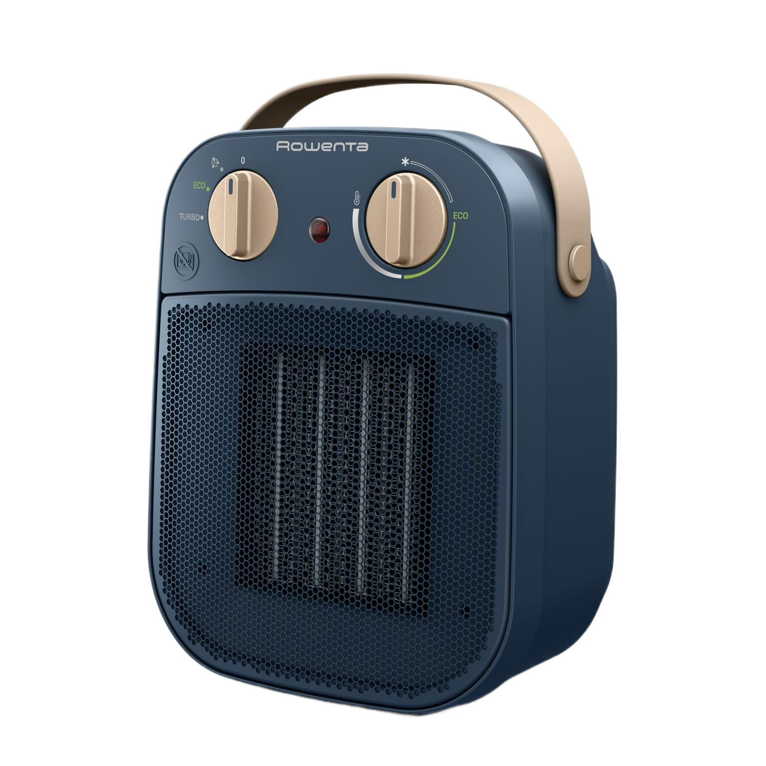 Un radiateur électrique bleu avec des commandes beiges et une poignée. Il a une grille en nid d'abeille. La marque est Rowenta.