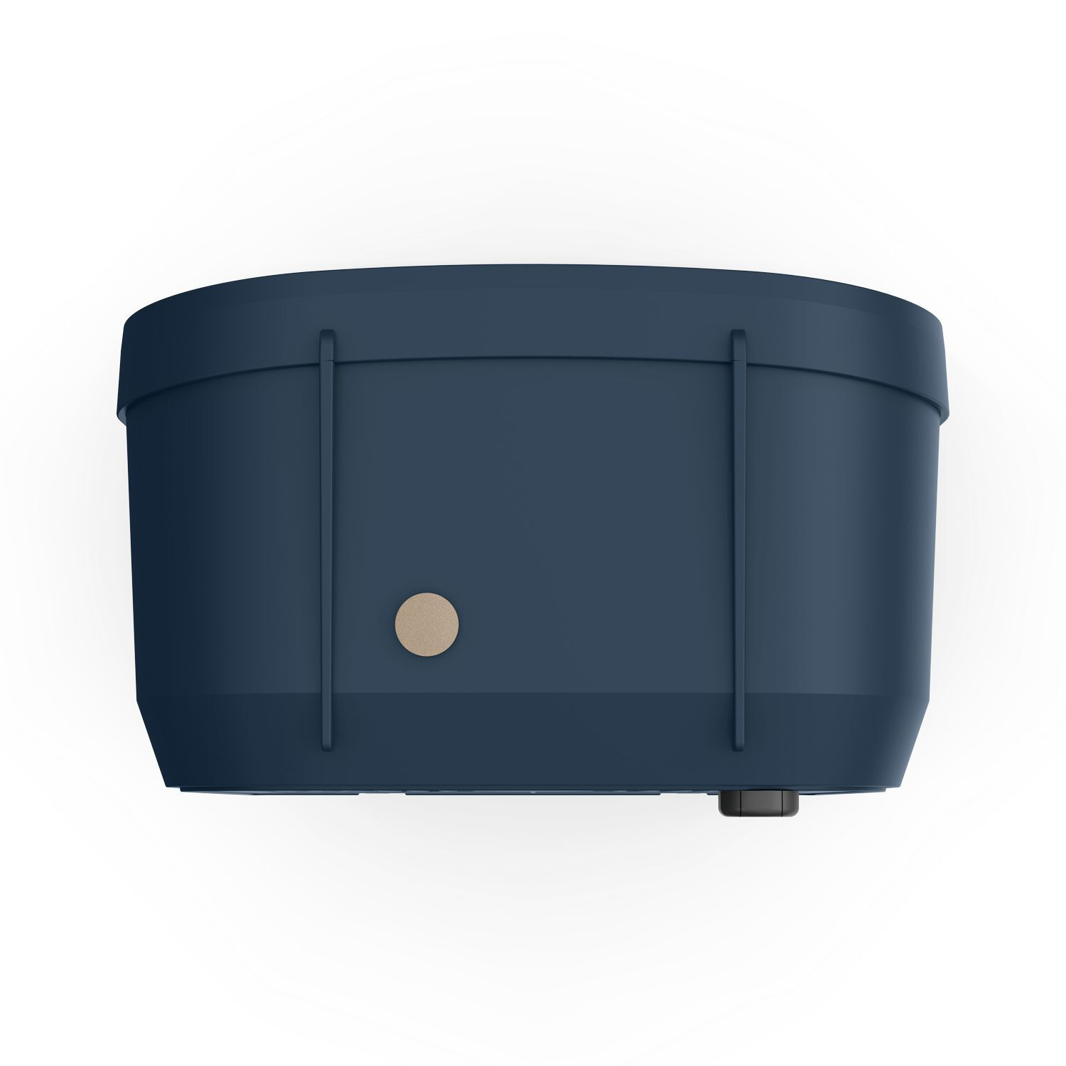 Un conteneur bleu marine avec un bouton beige et une base noire sur fond blanc.