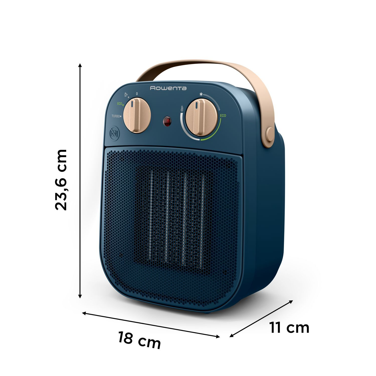 Un radiateur électrique Rowenta bleu avec des accents beiges. Il possède deux cadrans de commande, une poignée et une grille avant. Dimensions affichées.