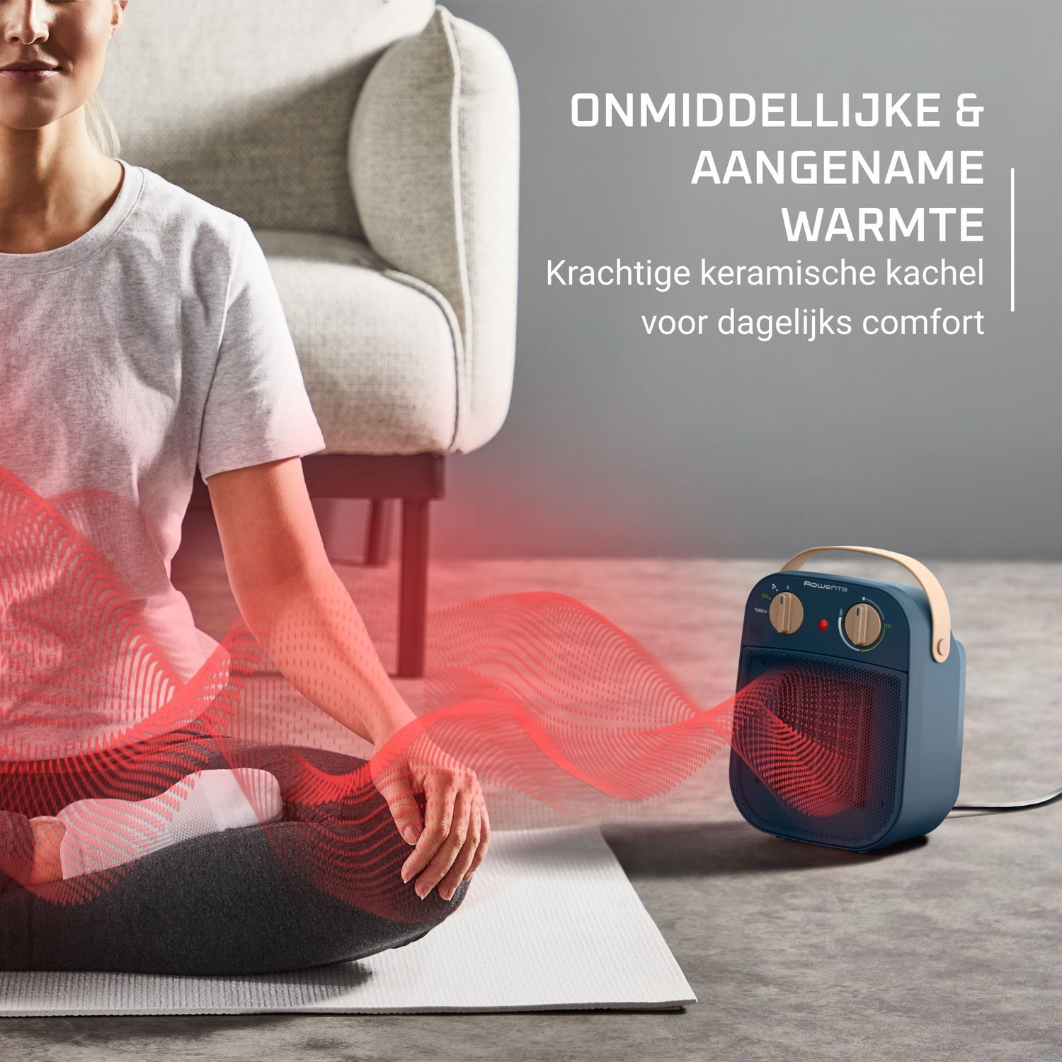 Femme assise près d'un radiateur bleu. Des lignes rouges en forme de vagues émanent du radiateur. Texte : Chaleur immédiate et agréable.