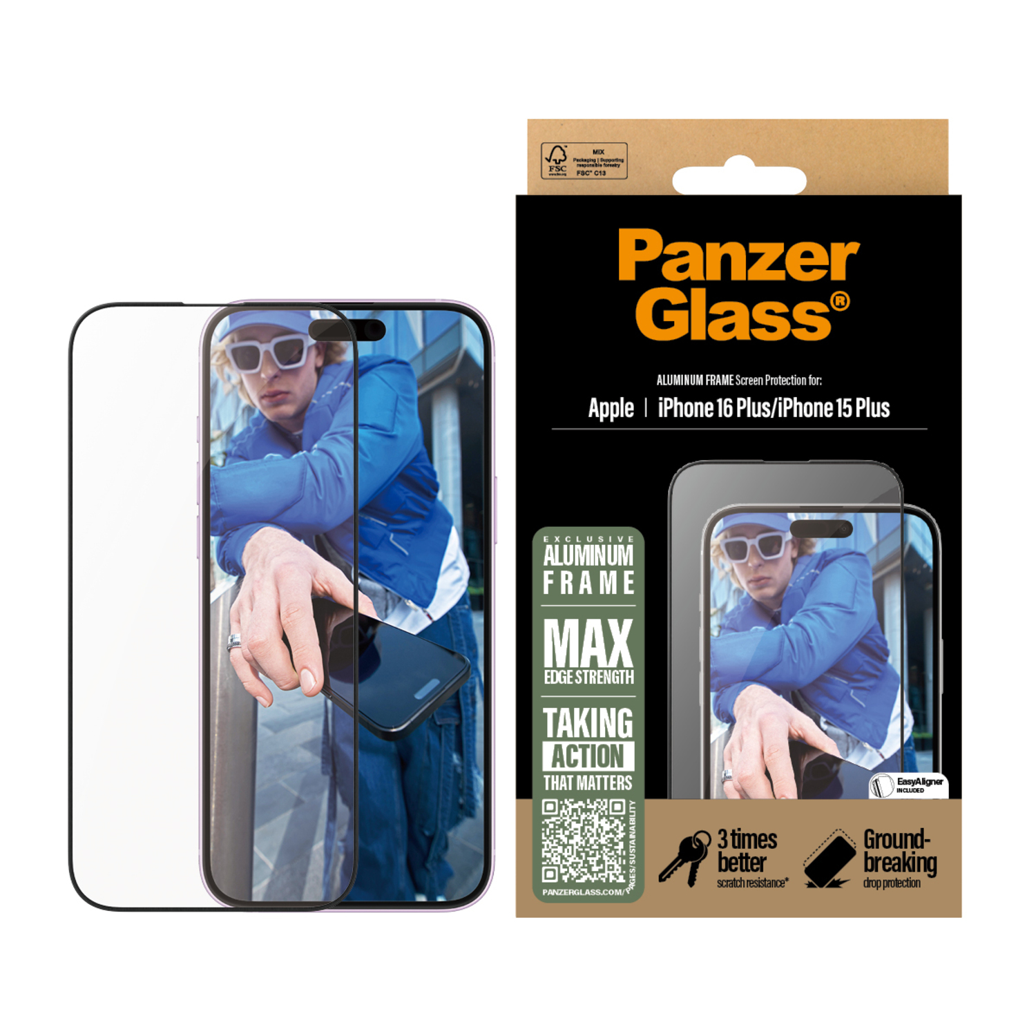 Phone screen protector packaging with an image of a phone and a person.