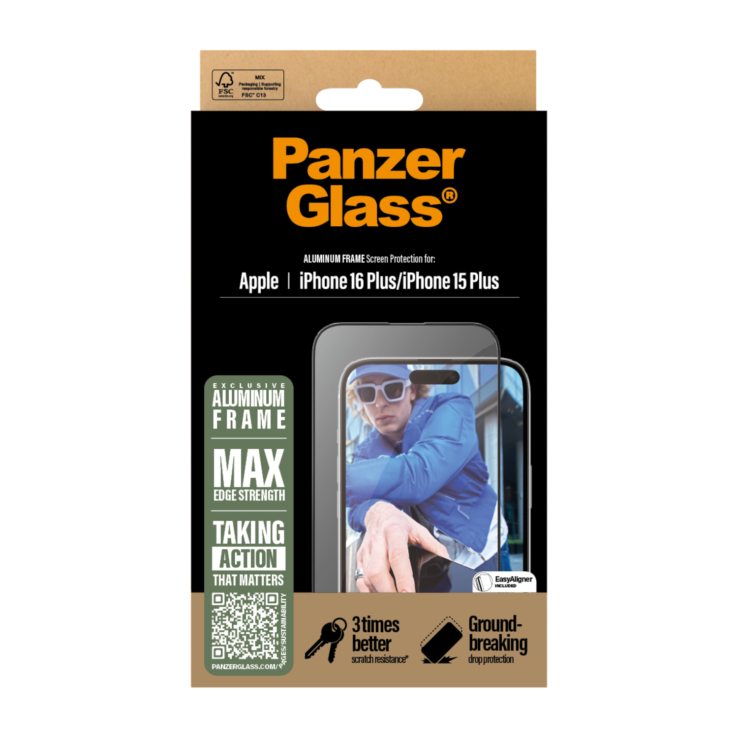 A screen protector box for an iPhone 16 Plus/15 Plus. Text: Aluminum frame, max edge strength.