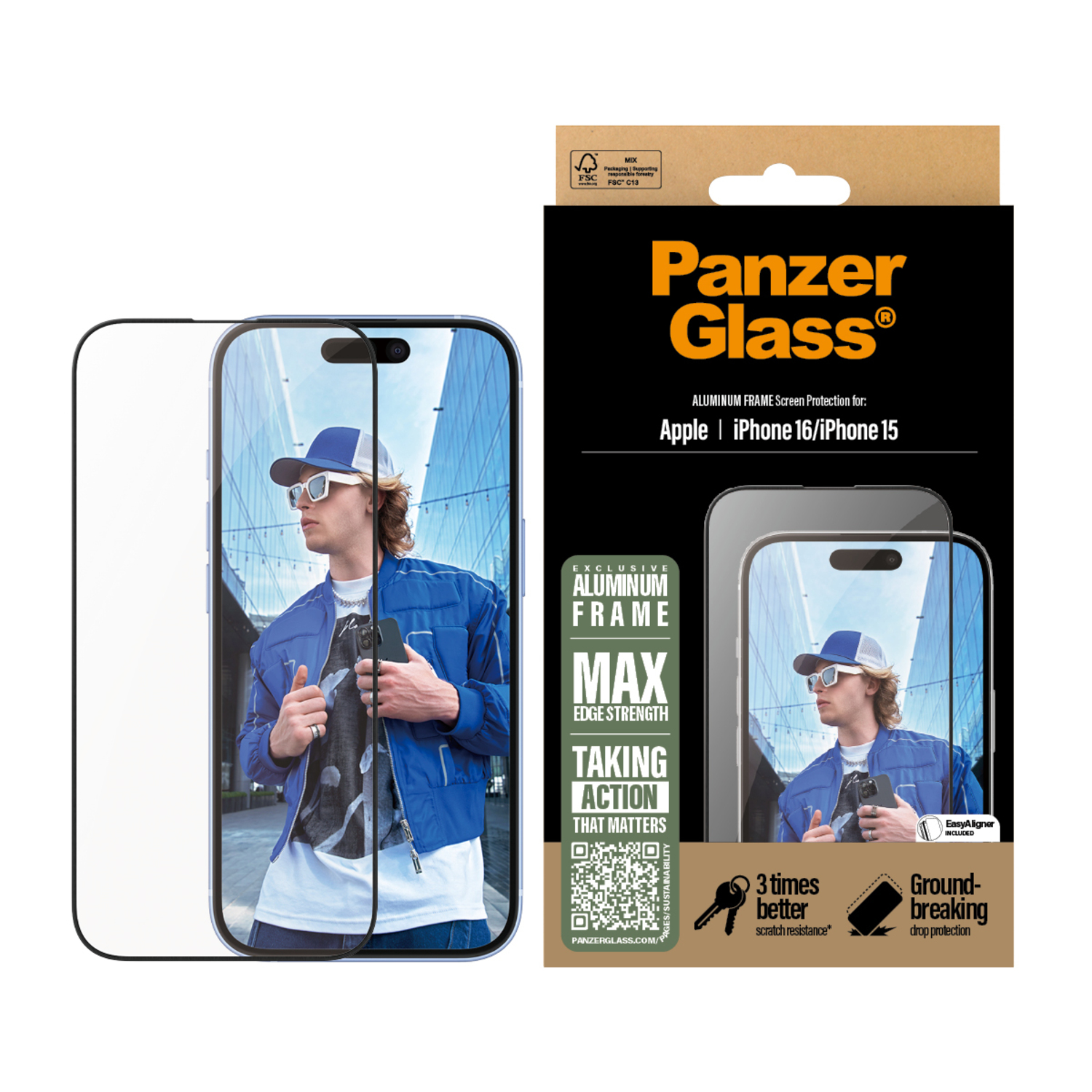Screen protector box with phone image, a man in blue, and product details. The protector is on the left.