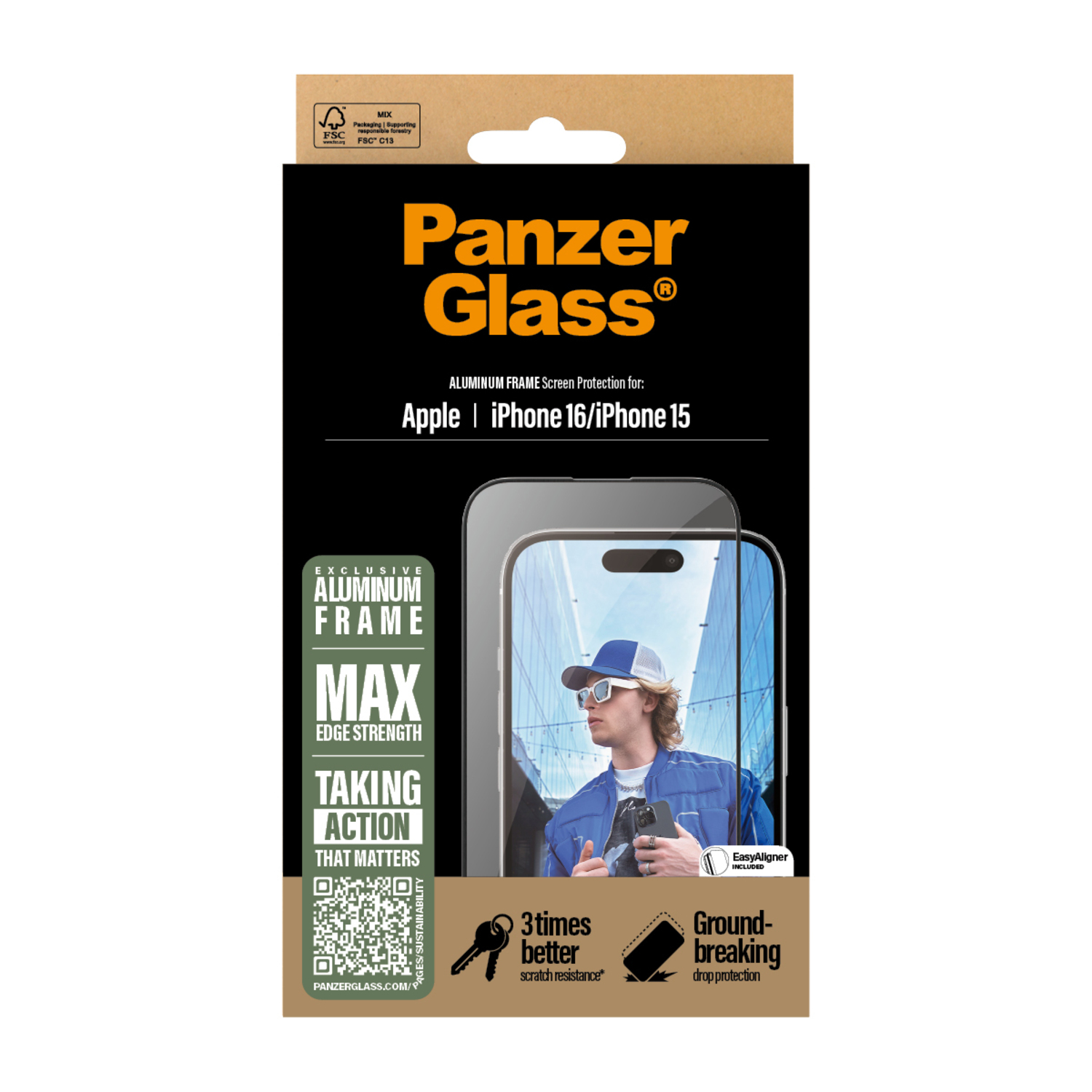 PanzerGlass screen protector box with a person wearing a hat on the screen.