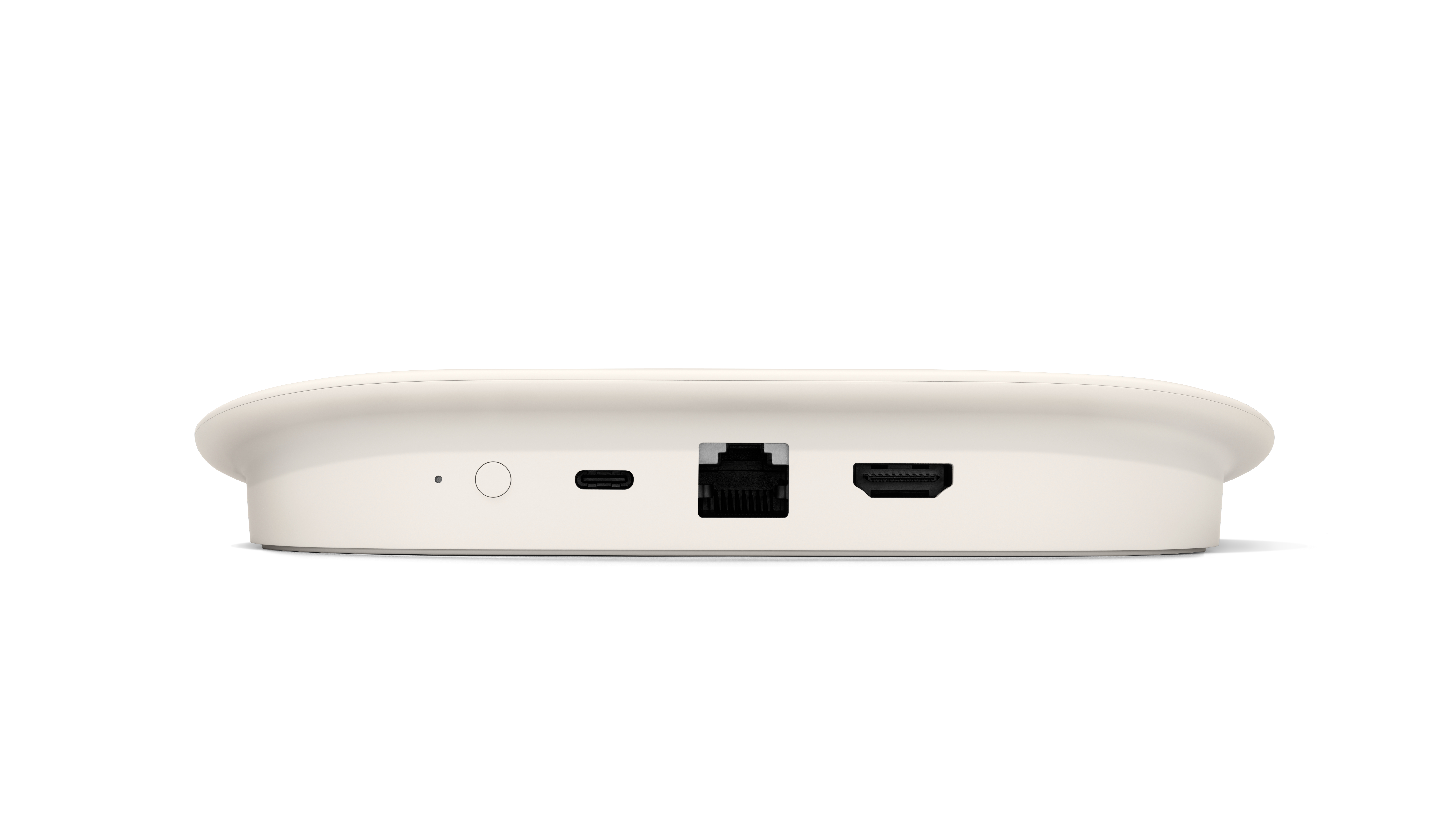 Ein weißes Gerät mit Anschlüssen: Strom, USB-C, Ethernet und HDMI. Es ist eine Seitenprofilansicht.
